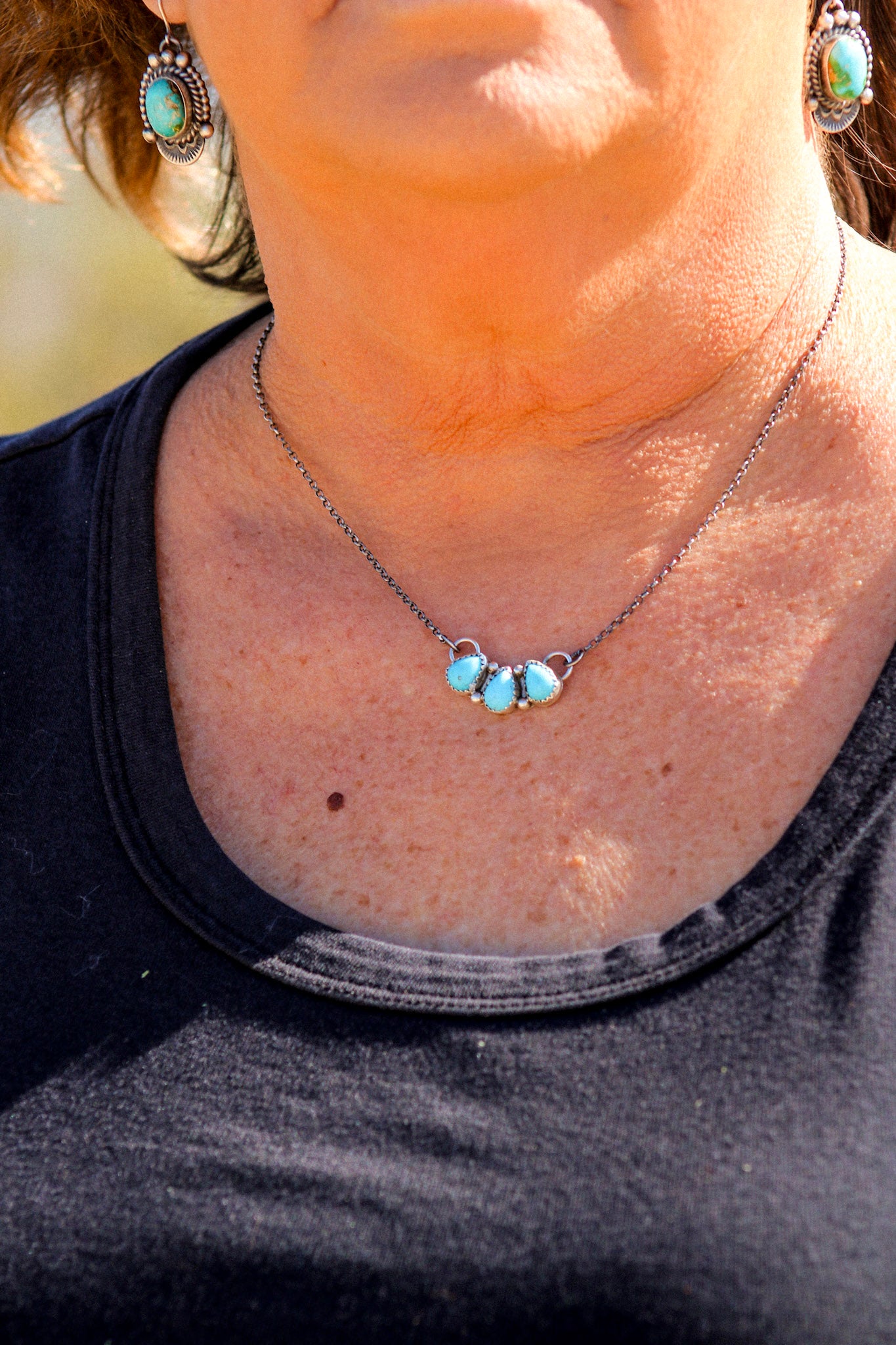 Navajo Made Kingman Turquoise & Sterling Silver Cluster Bar Necklace