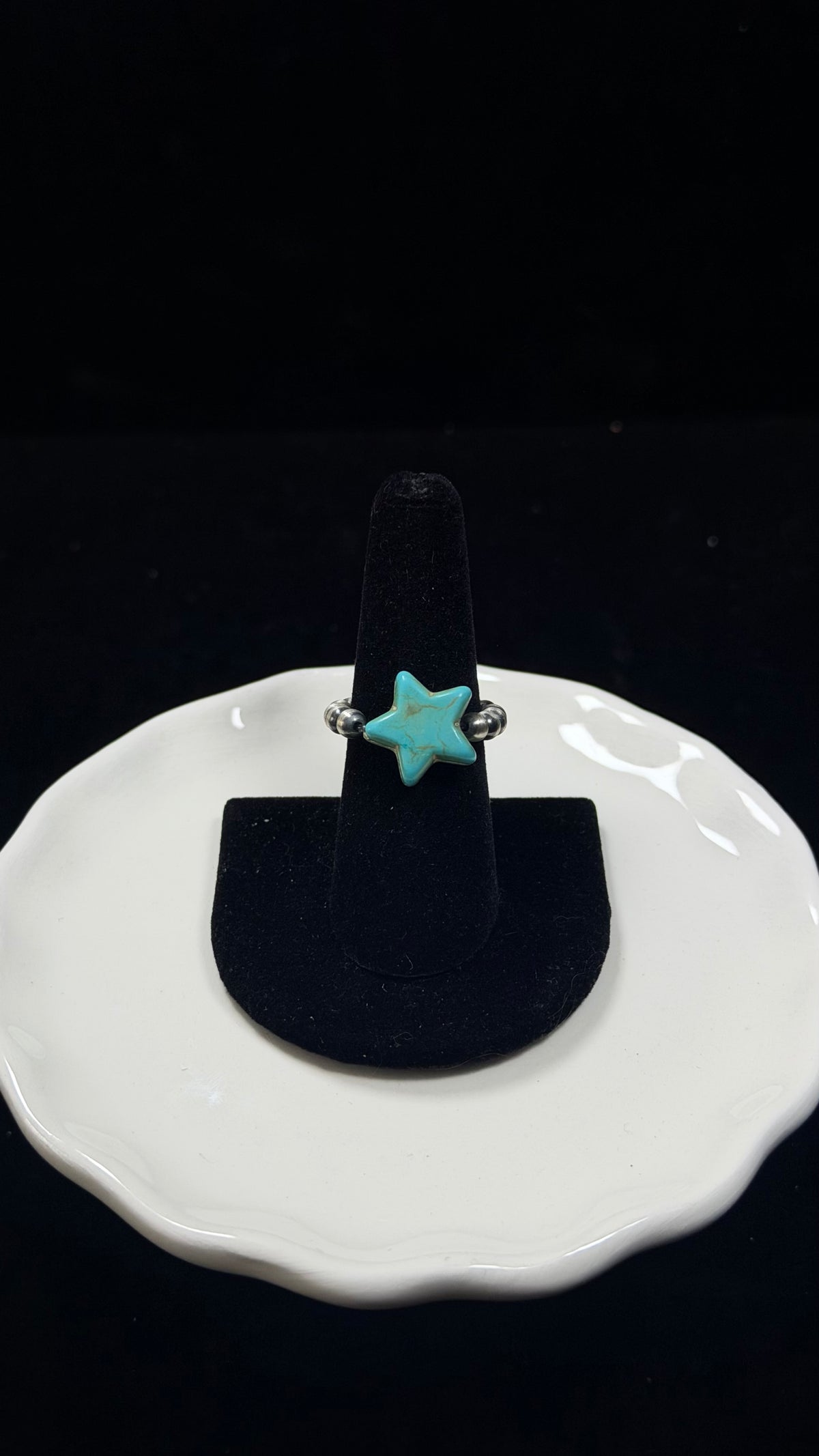 Navajo Strung Mohave Turquoise & Sterling Sliver Machine Made Pearl Star Stretch Beaded Ring