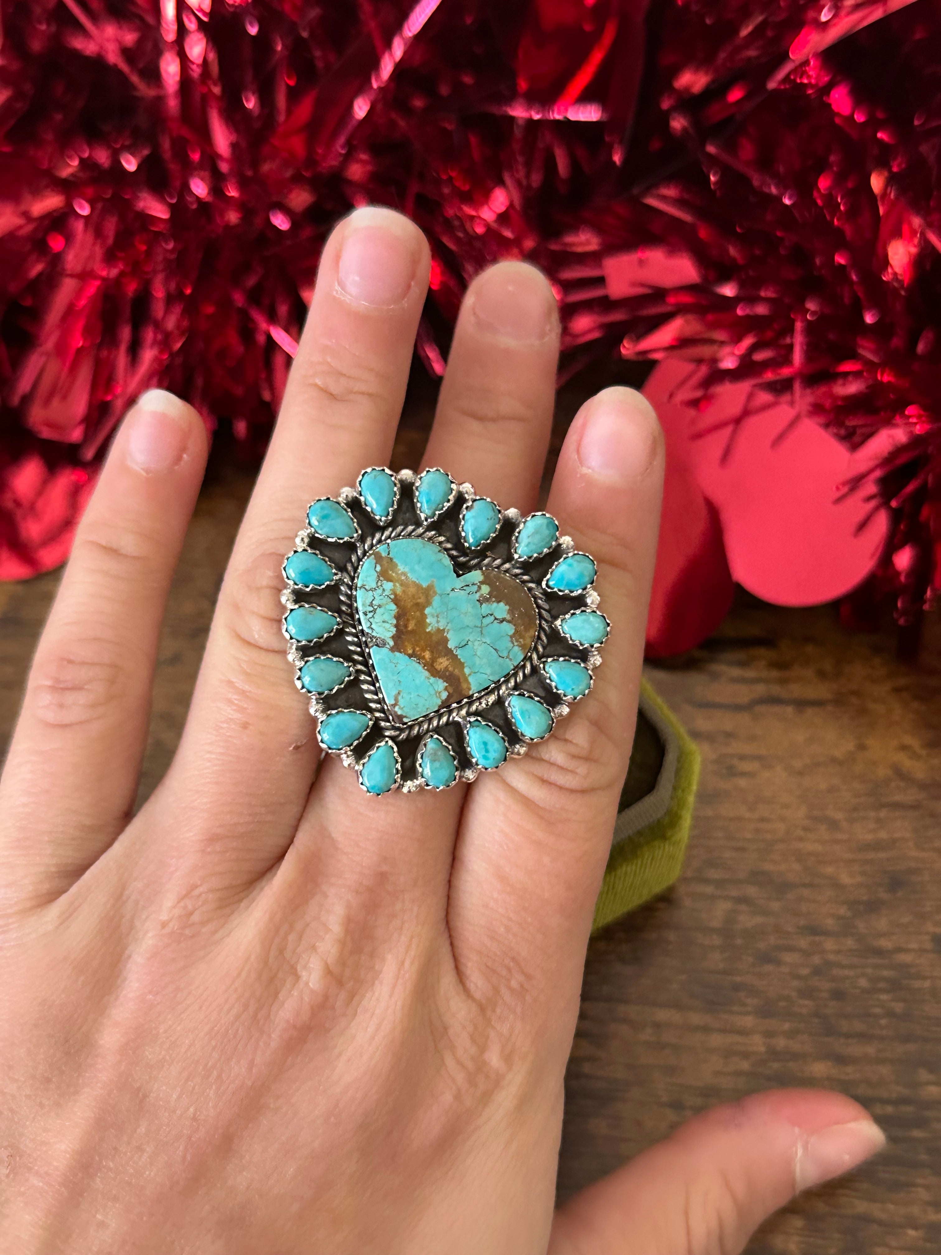 Southwest Handmade Multi Turquoise & Sterling Silver Heart Cluster Adjustable Ring