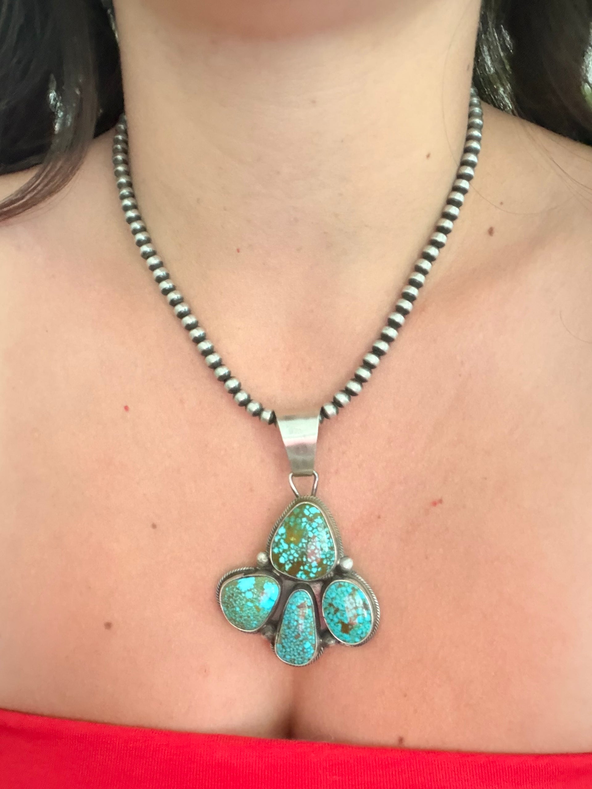 Sheila Becenti Birdseye Kingman Turquoise & Sterling Silver Cluster Pendant
