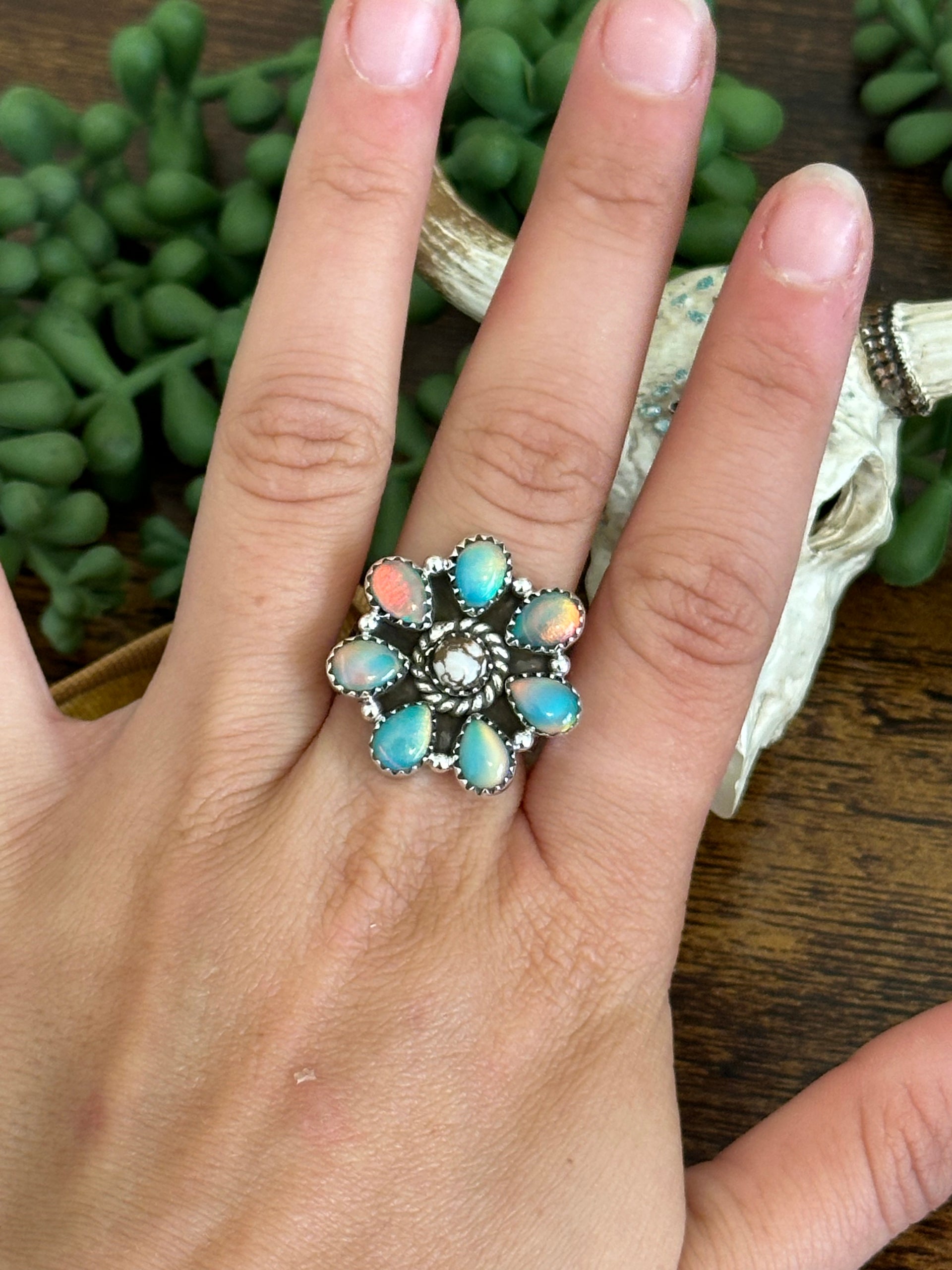 Southwest Handmade Multi Stone & Sterling Silver Adjustable Cluster Ring