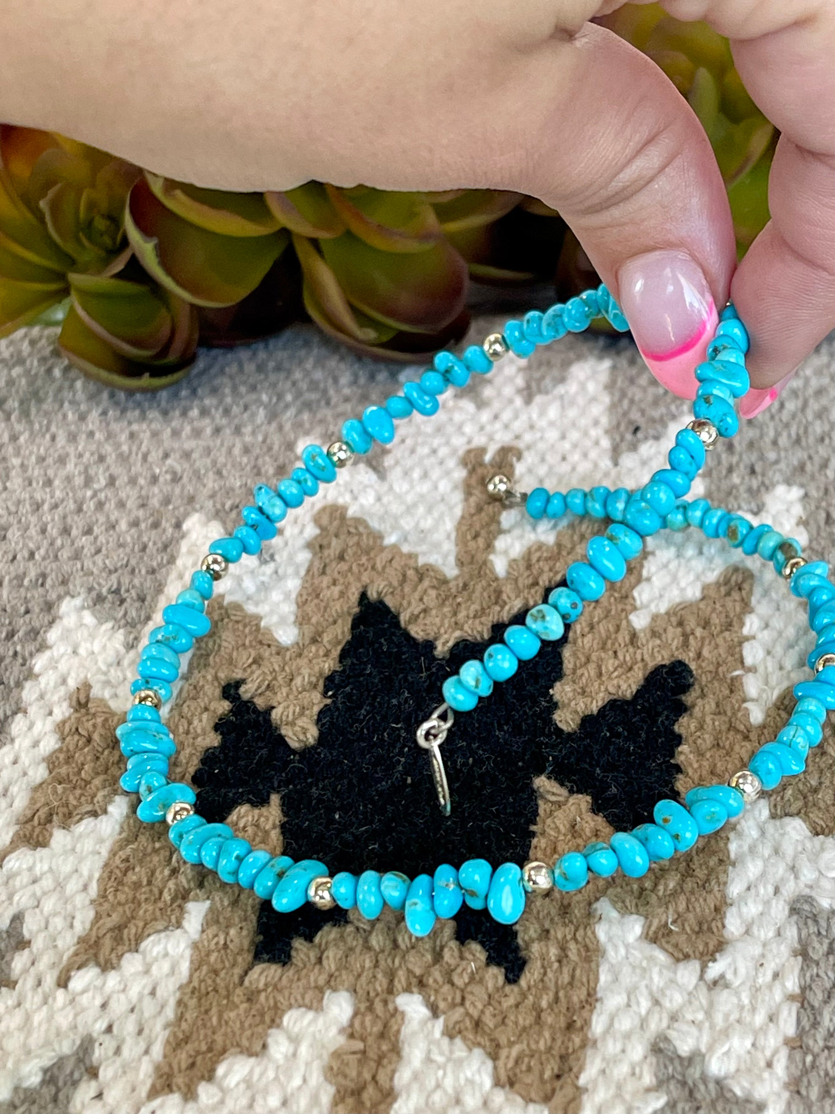 Southwest Handmade Kingman Turquoise & Sterling Silver Adjustable Beaded Choker Necklace