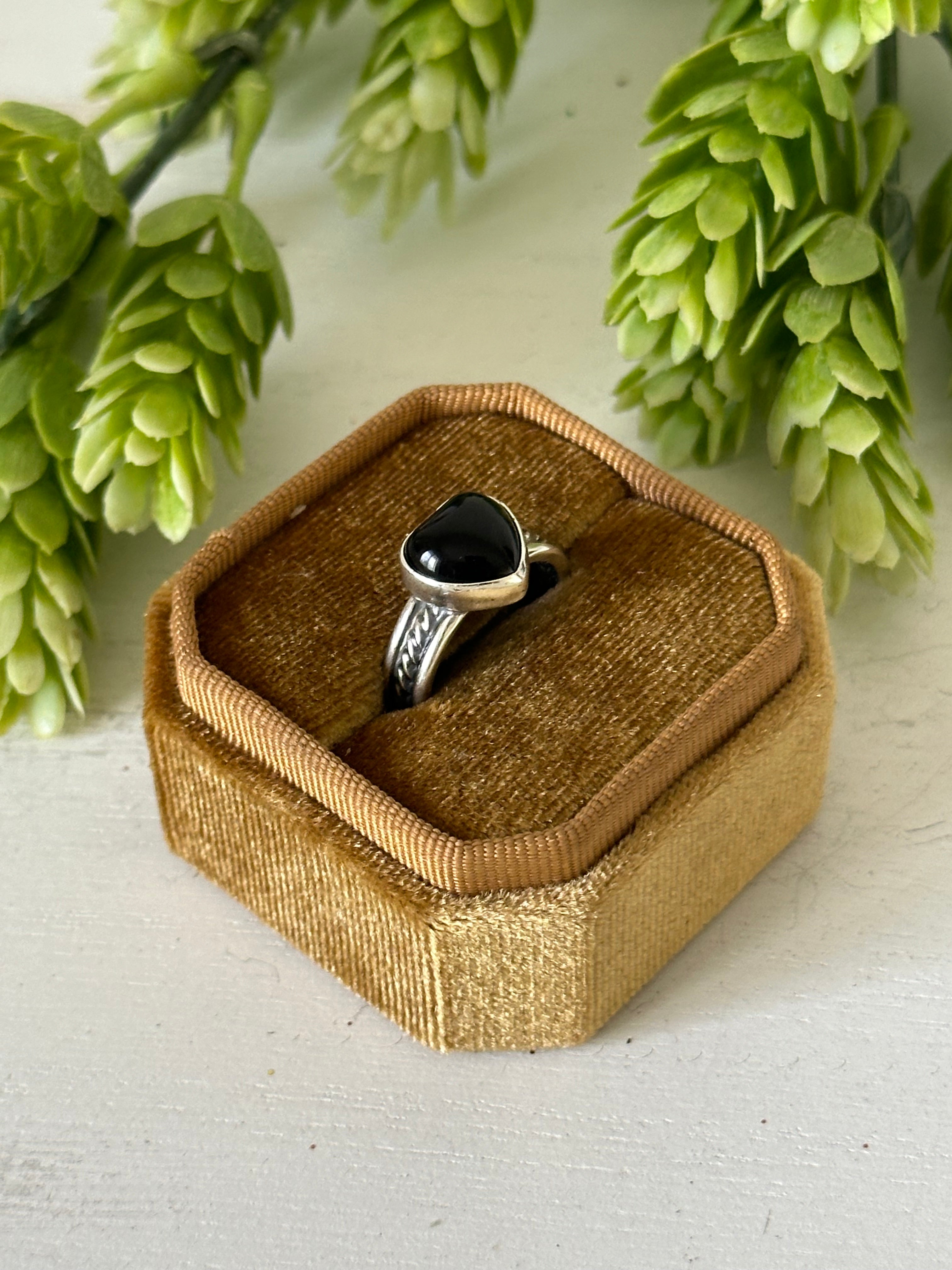 Navajo Made Onyx & Sterling Silver Heart Ring