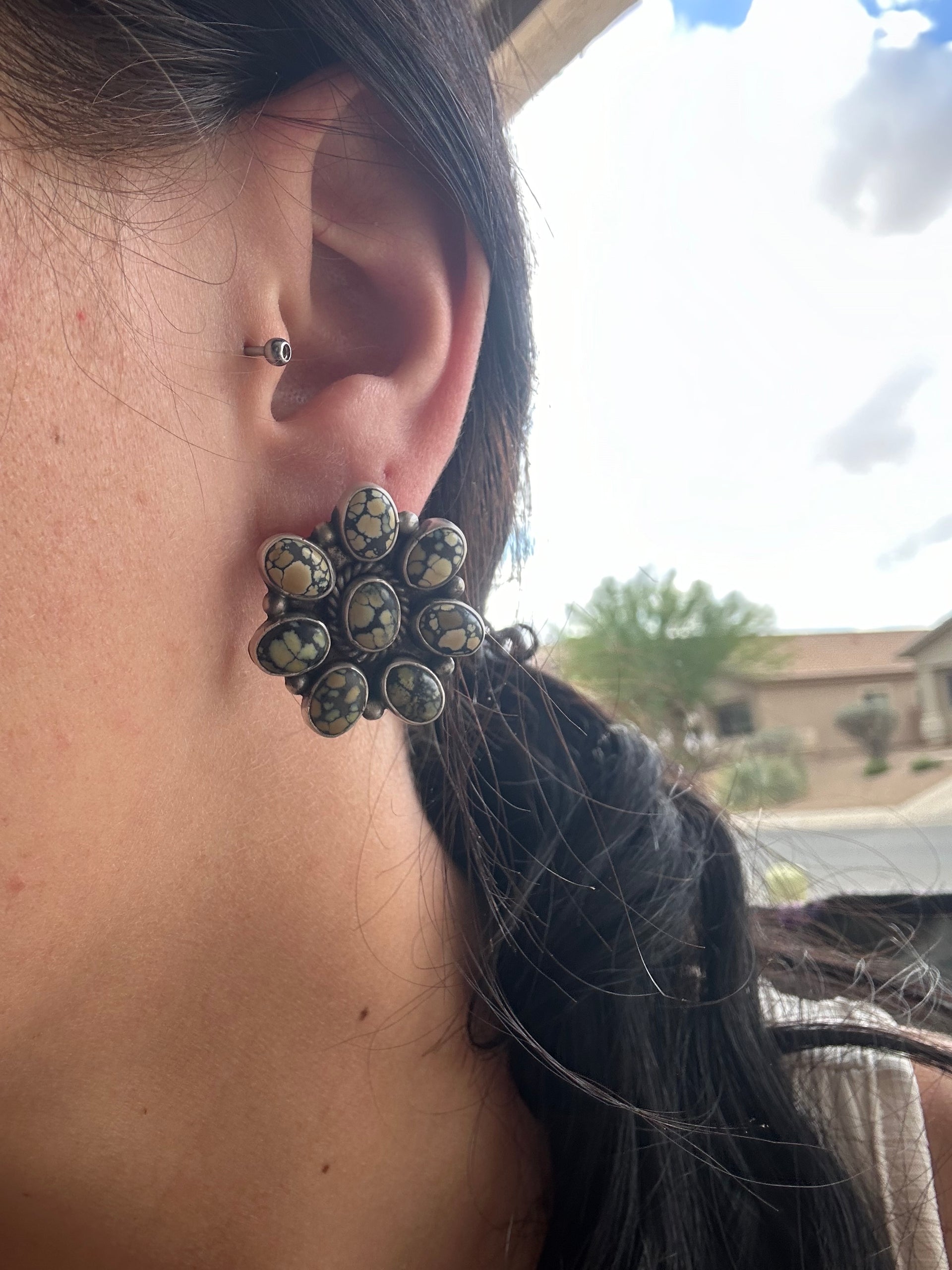 Linda Yazzie New Lander Turquoise & Sterling Silver Post Cluster Earrings