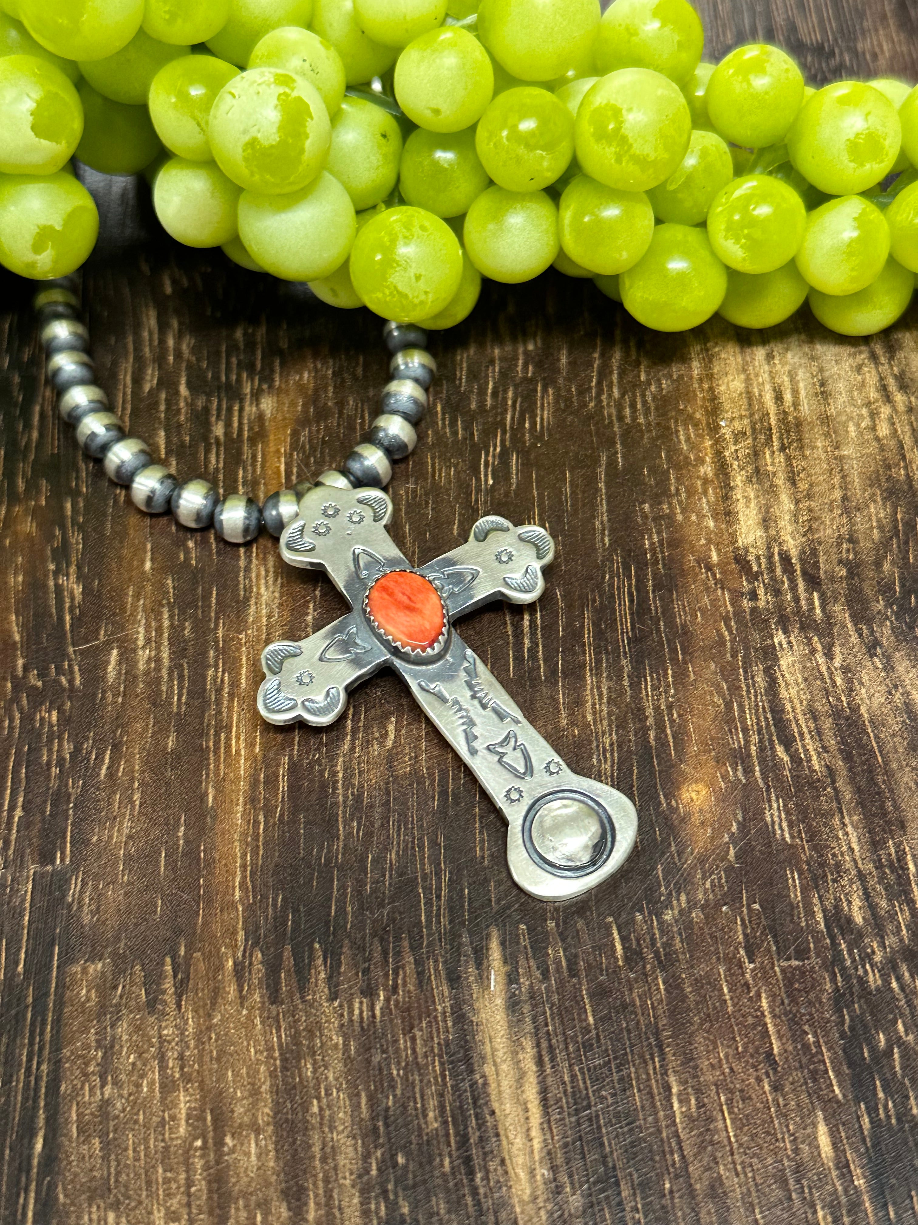 Navajo Made Spiny Oyster & Sterling Silver Cross Pendant