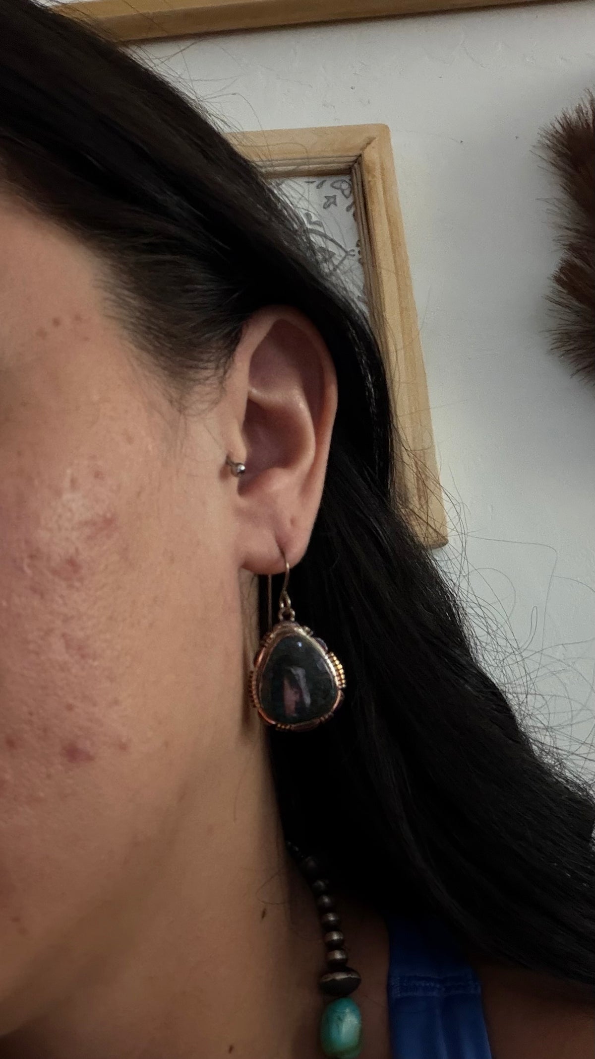 Navajo Made Apache Mine Nevada Turquoise & Sterling Silver Dangle Earrings