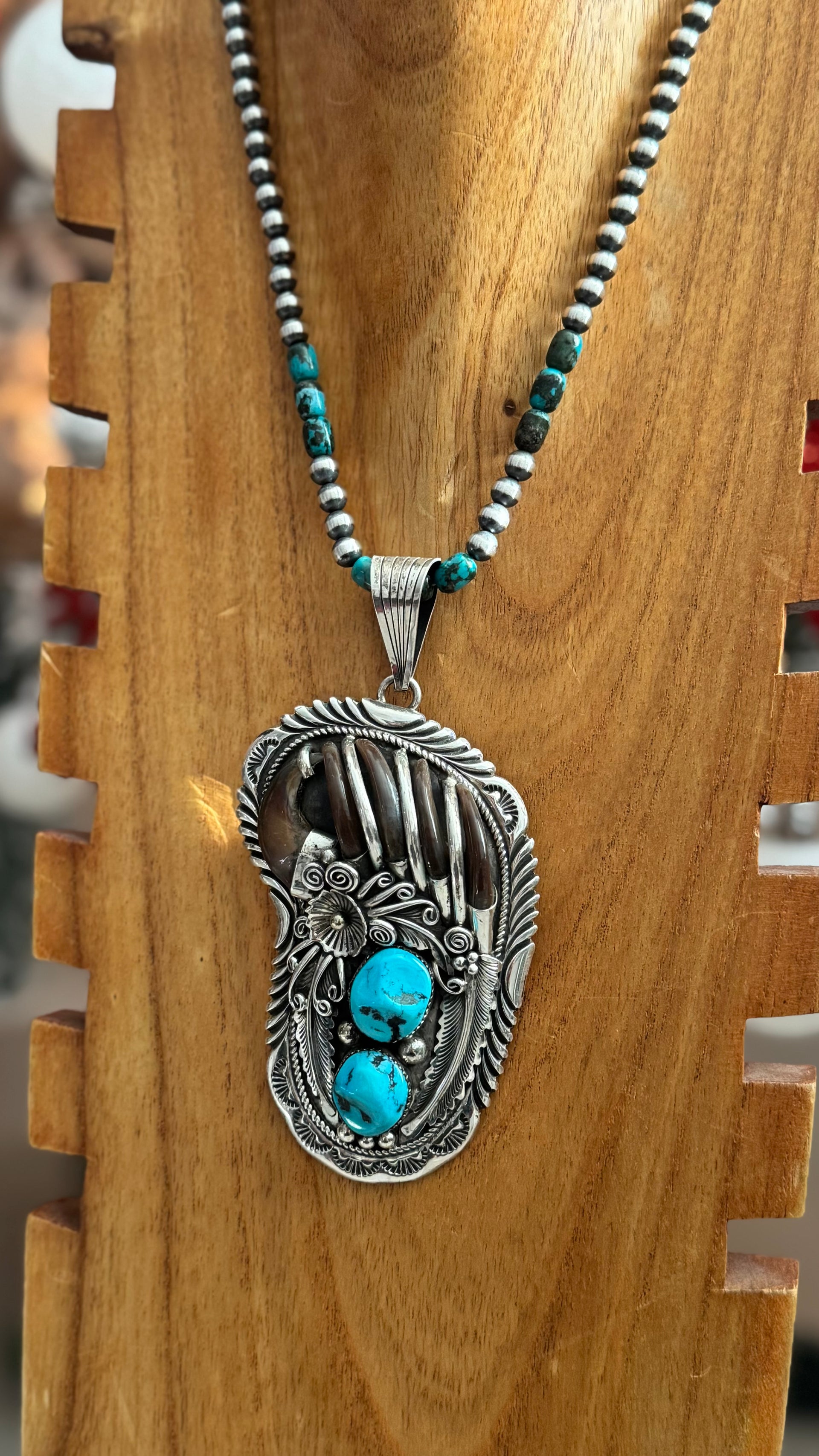 Charles Johnson Sleeping Beauty & Sterling Silver Bear Claw Cluster Pendant