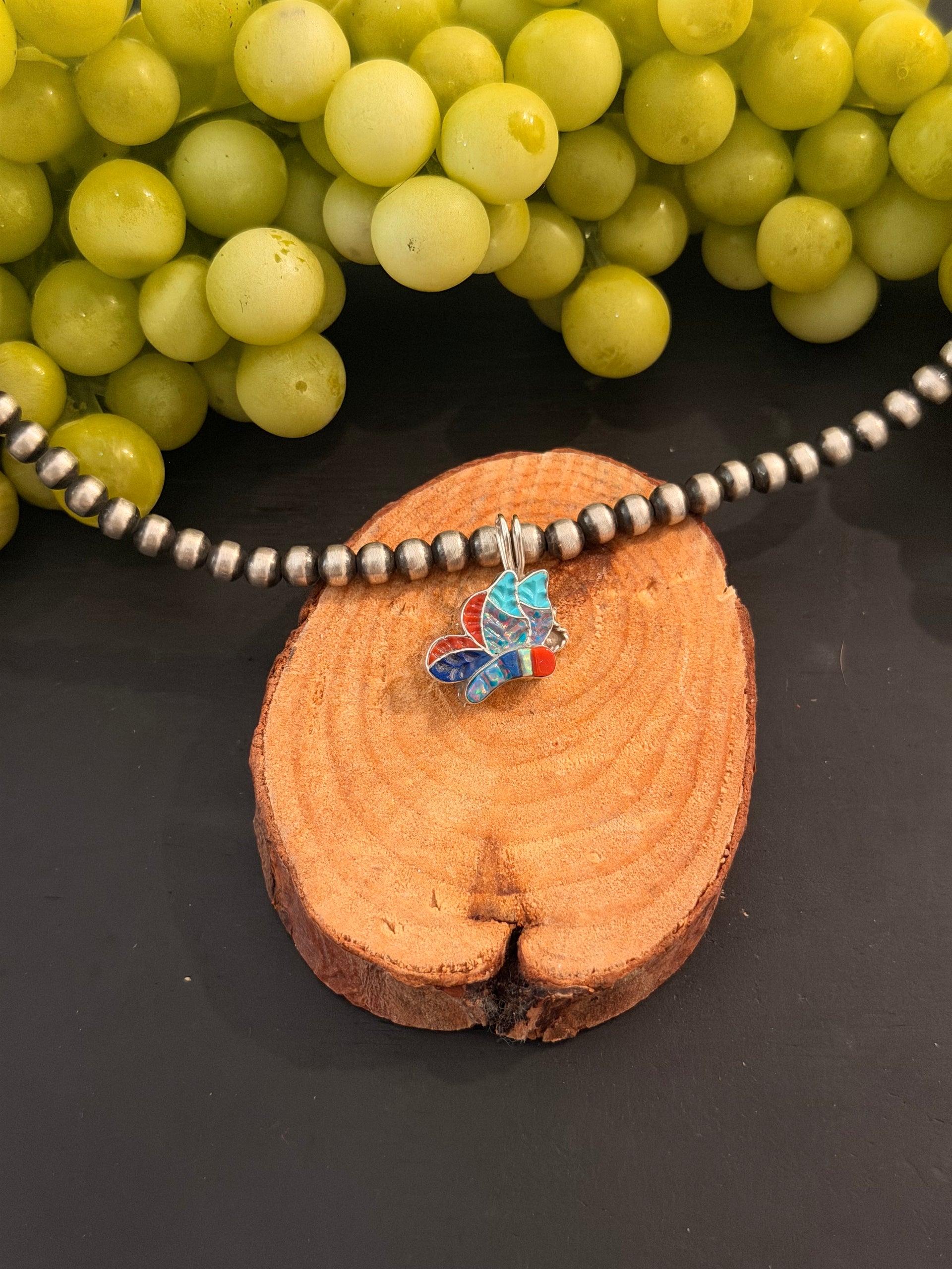 Zuni Made Multi Stone & Sterling Silver Inlay Butterfly Pendant