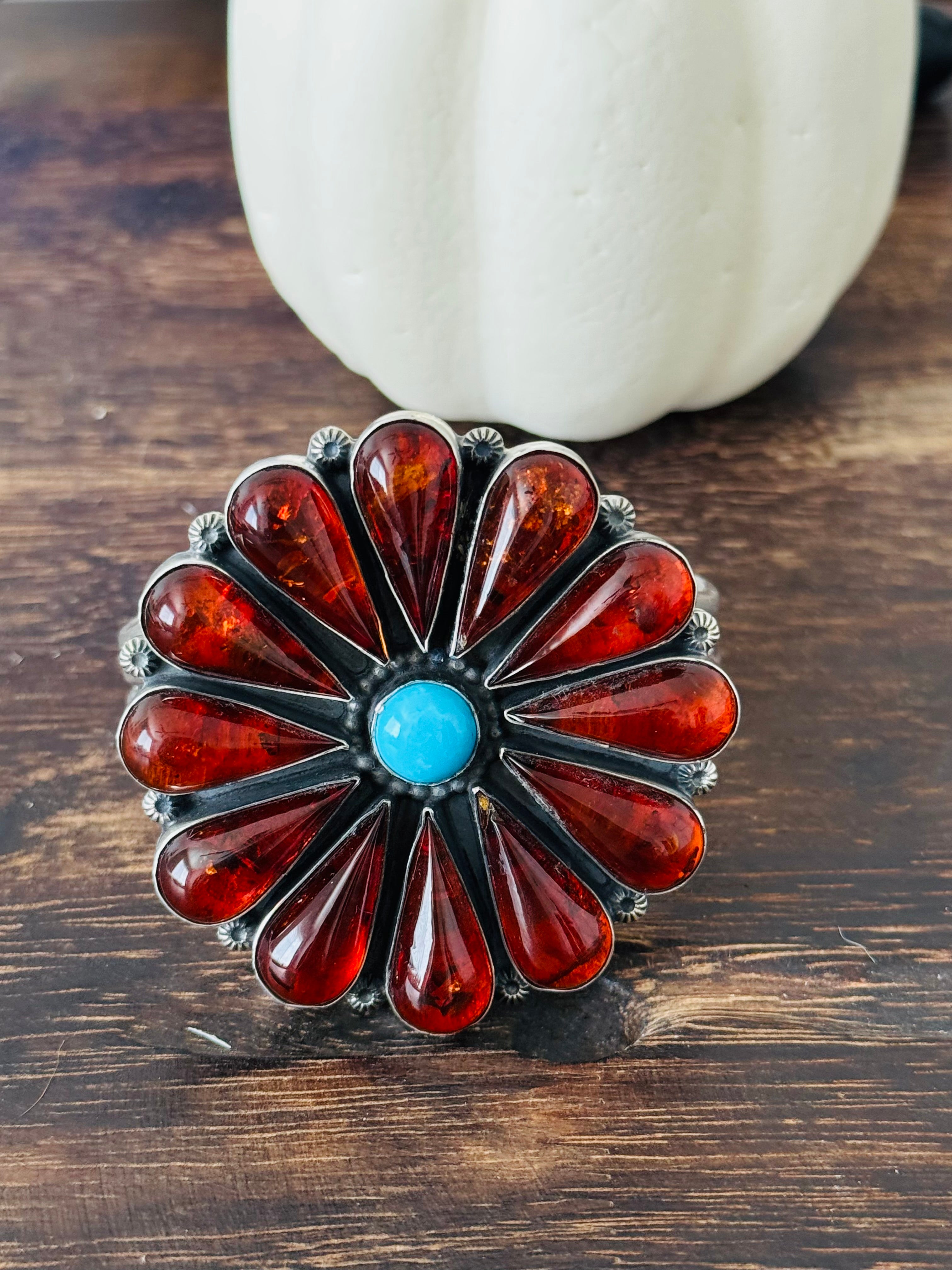 Navajo Made Multi Stone & Sterling Silver Cluster Cuff Bracelet