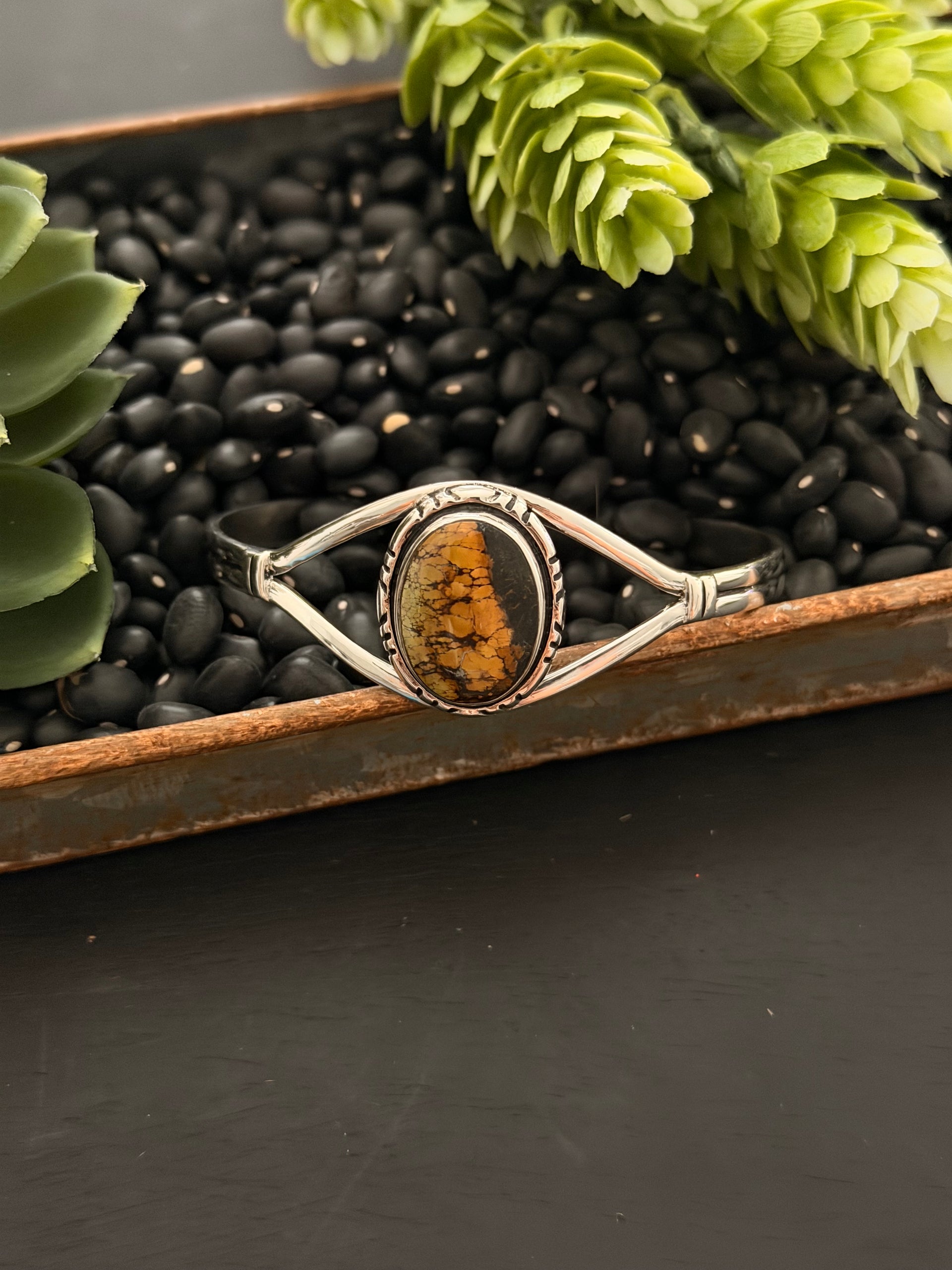 Navajo Made Black Jack Turquoise & Sterling Silver Cuff Bracelet