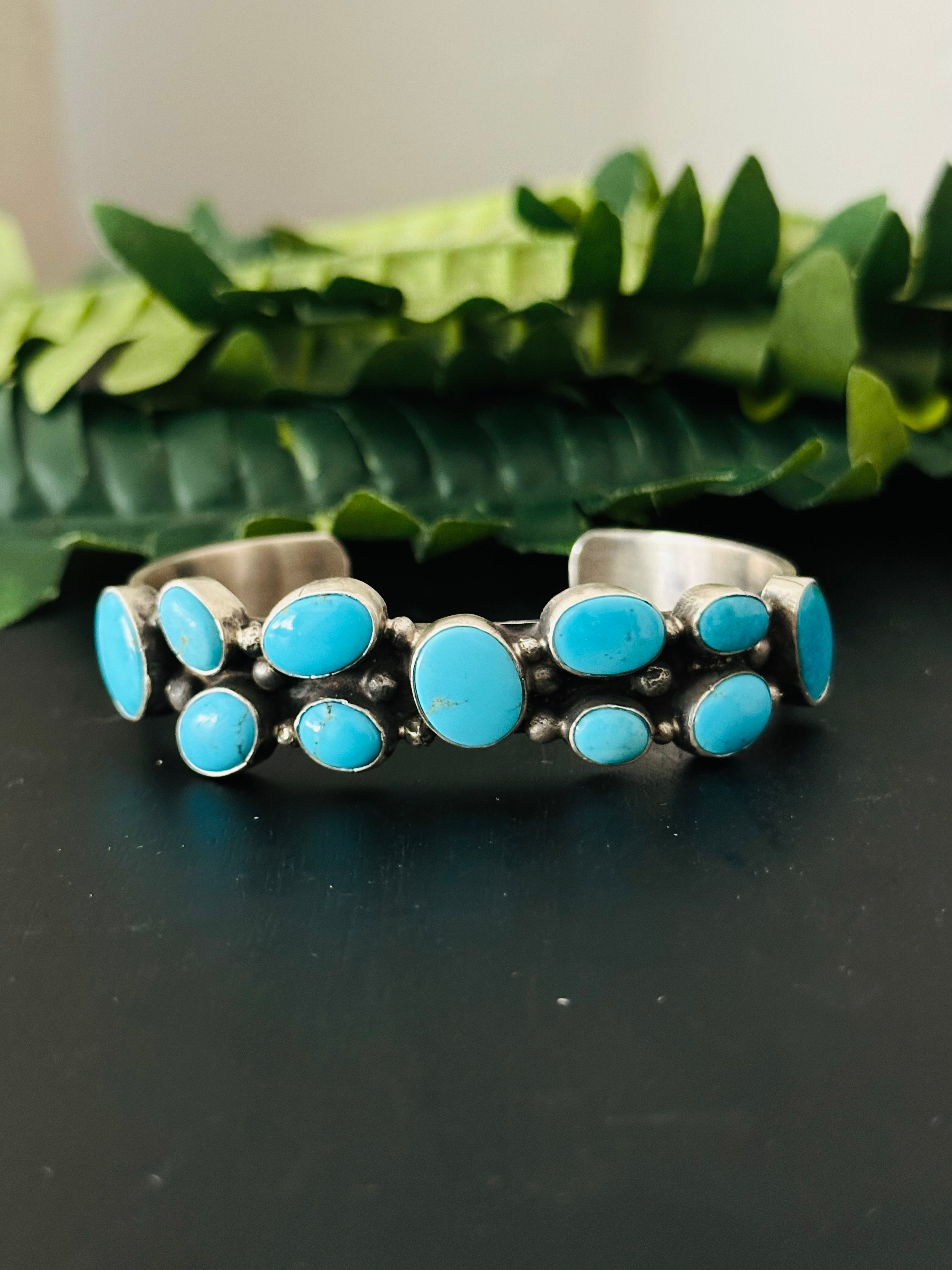 Bobby Johnson Kingman Turquoise & Sterling Silver Cluster Cuff Bracelet