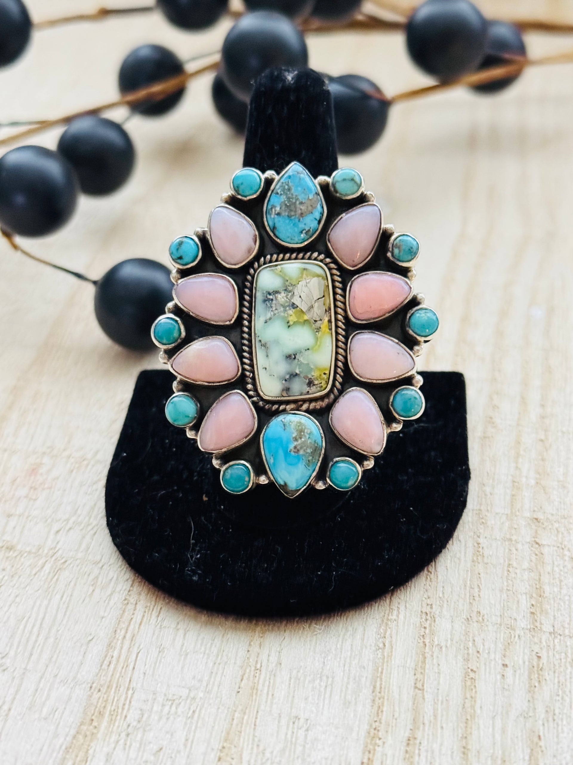 Southwest Handmade Multi Stone & Sterling Silver Adjustable Cluster Ring