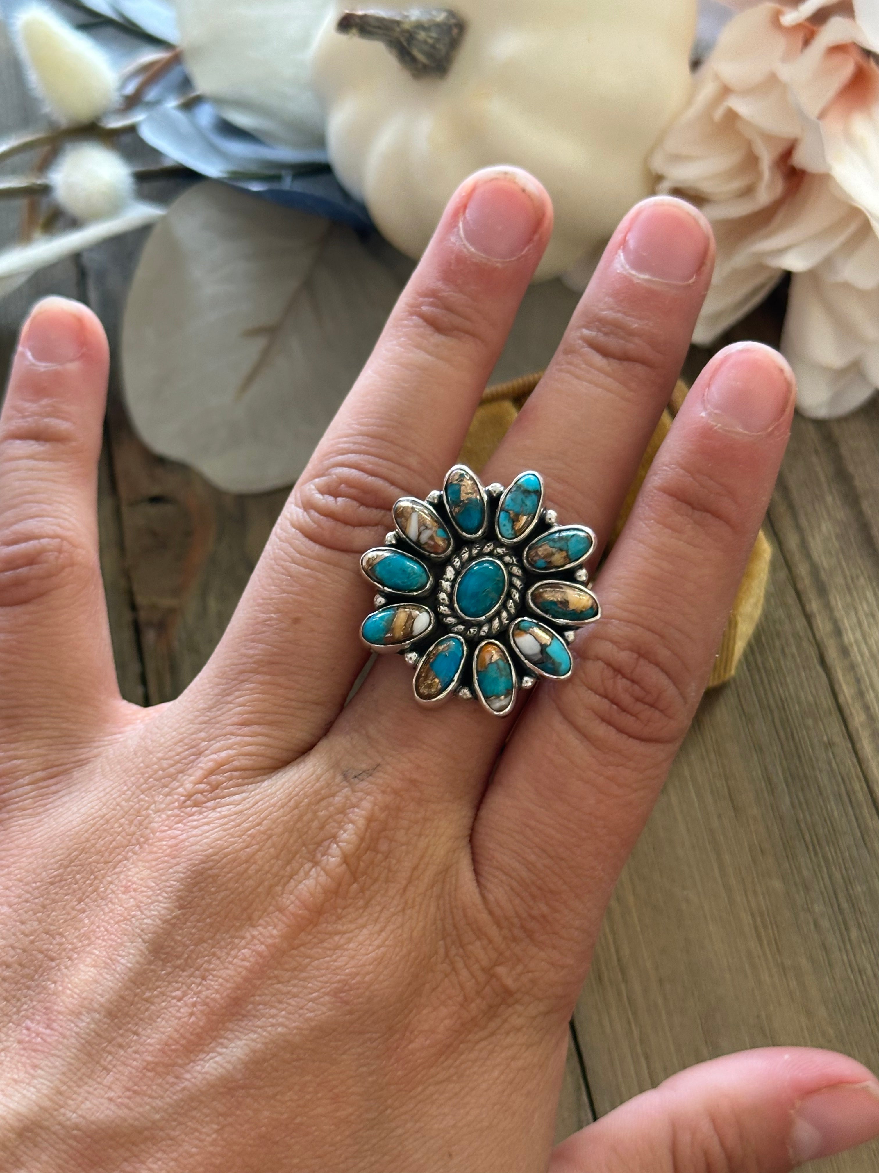 Southwest Handmade Mohave Turquoise & Sterling Silver Adjustable Cluster Ring