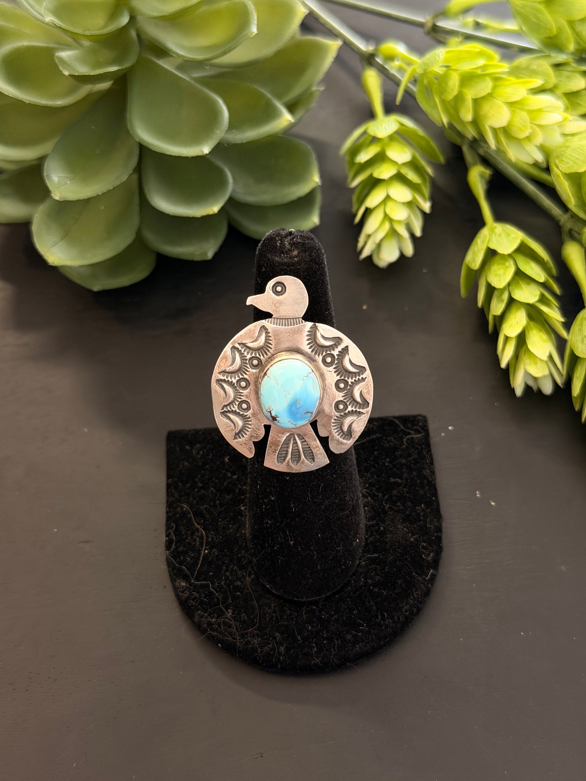 Randy Boyd Golden Hills Turquoise & Sterling Silver Thunderbird Ring Size 7