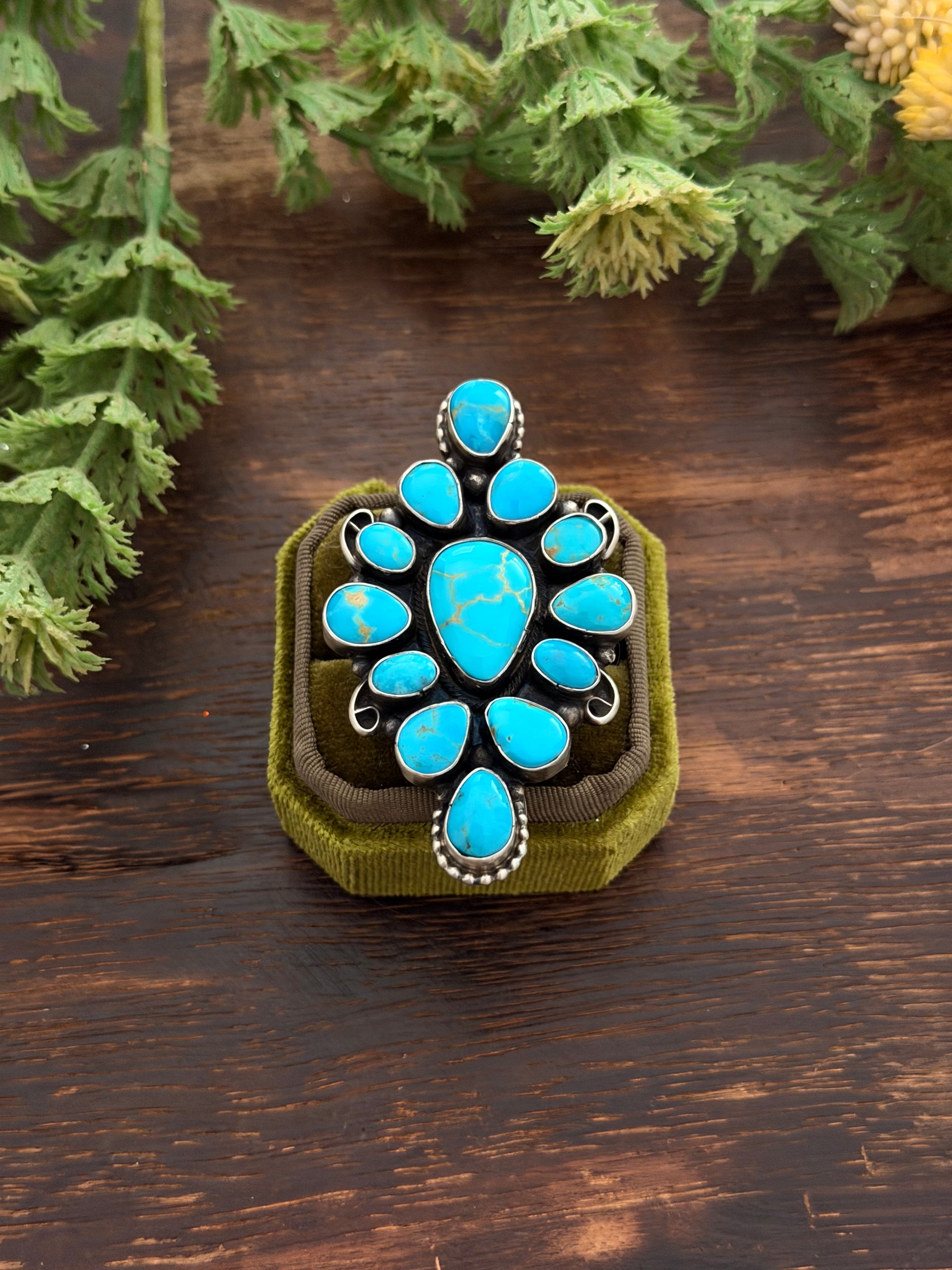 Sheila Becenti Kingman Turquoise & Sterling Sliver Adjustable Cluster Ring