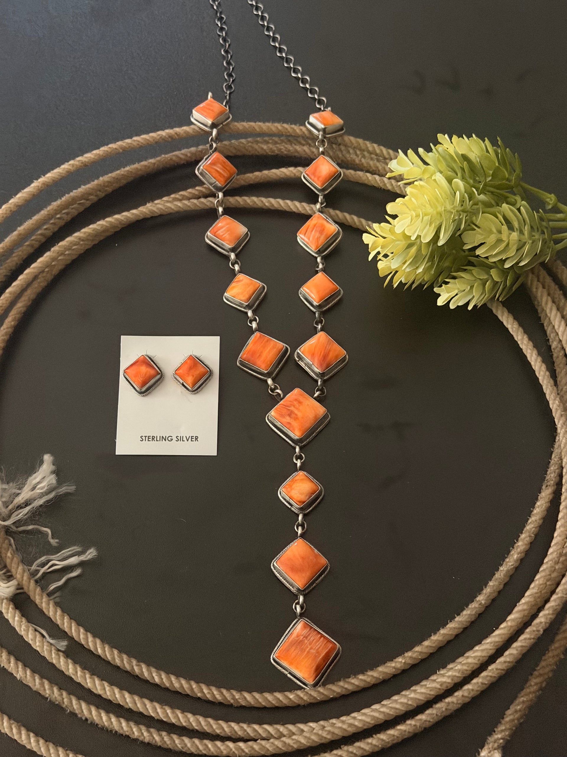 Myra Benally Spiny Oyster & Sterling Silver Lariat Necklace Set
