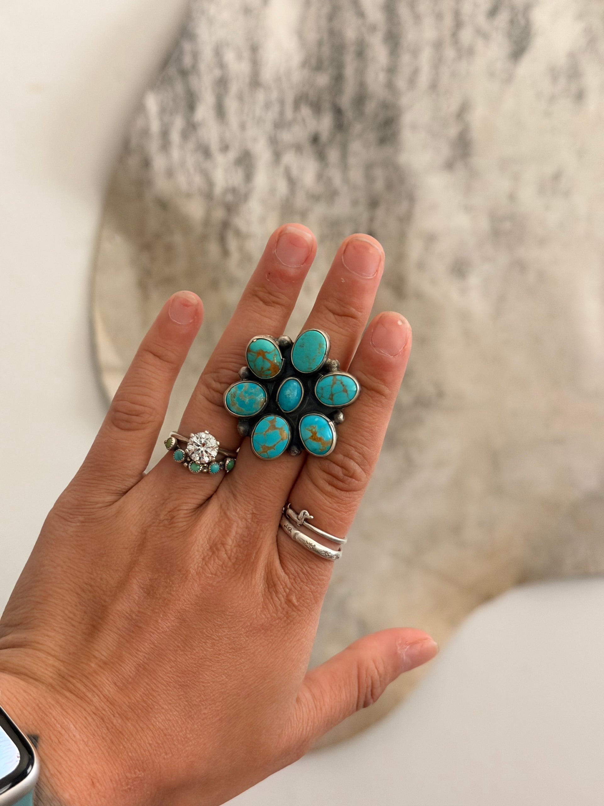 Navajo Made Kingman Turquoise & Sterling Silver Adjustable Cluster Ring