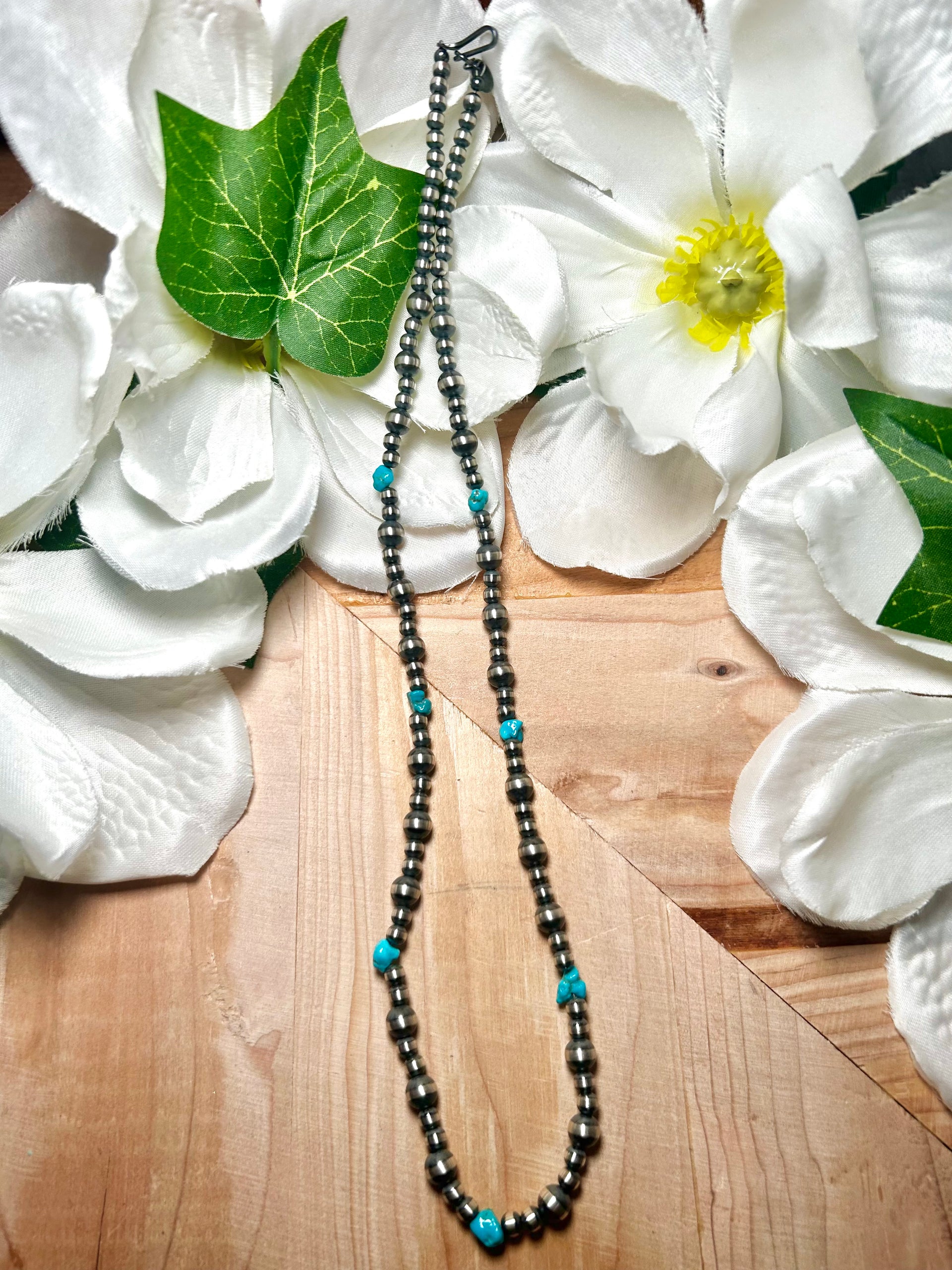 Navajo Made Strung Kingman Turquoise & Sterling Silver Necklace