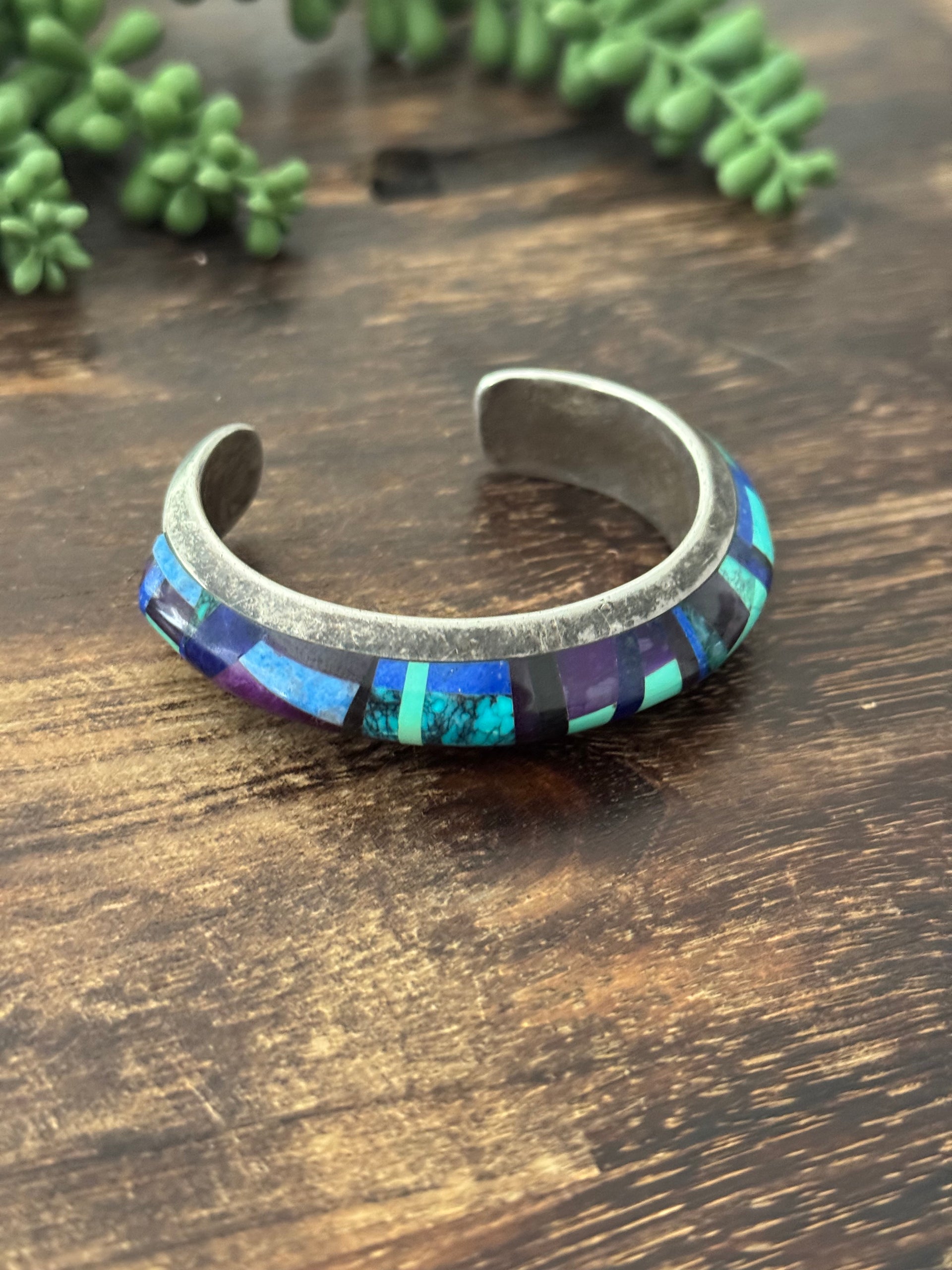 Vintage Navajo Made Multi Stone & Sterling Silver Inlay Cuff Bracelet