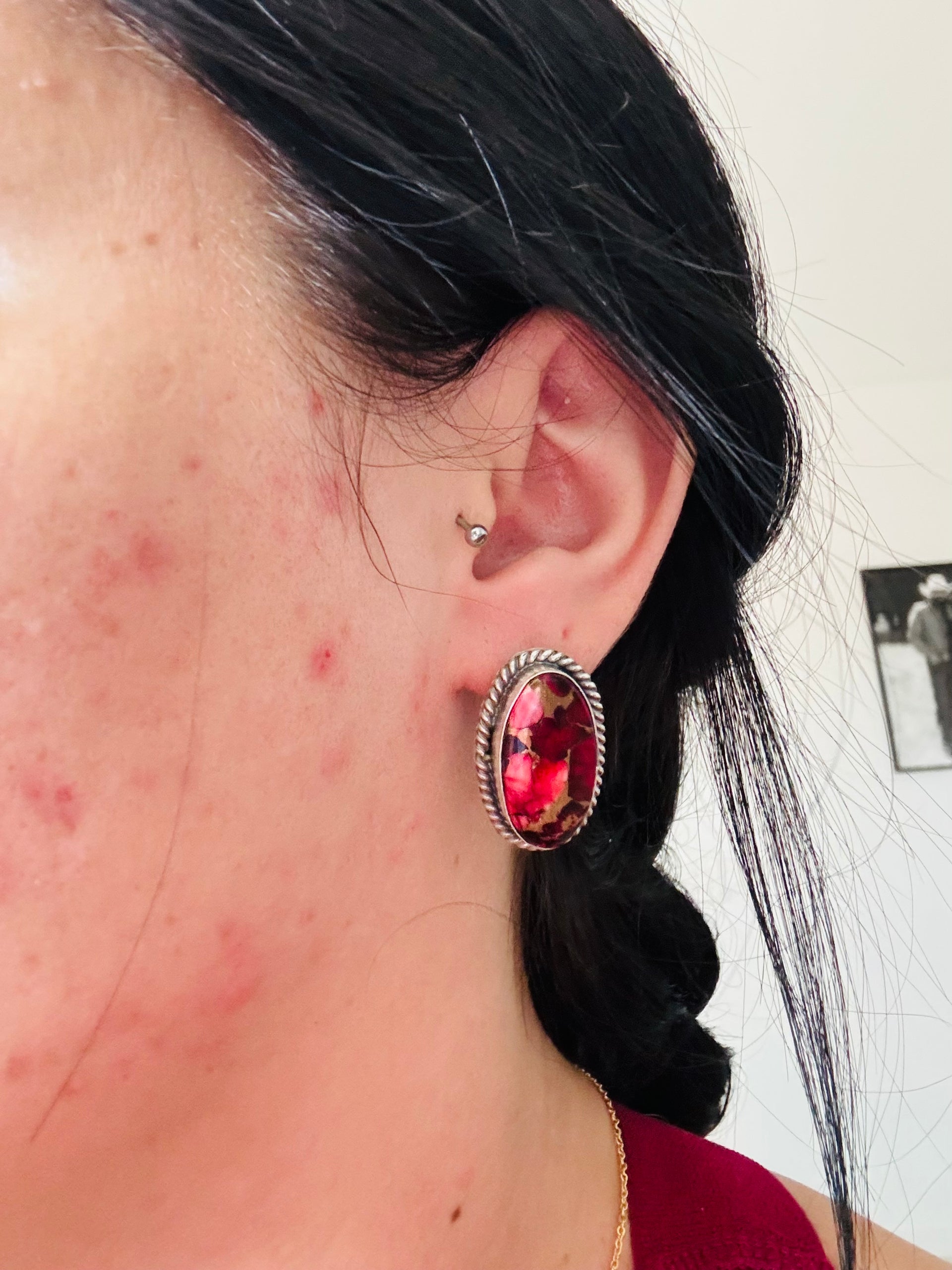 Navajo Made Dahlia Rose & Sterling Silver Post Earrings