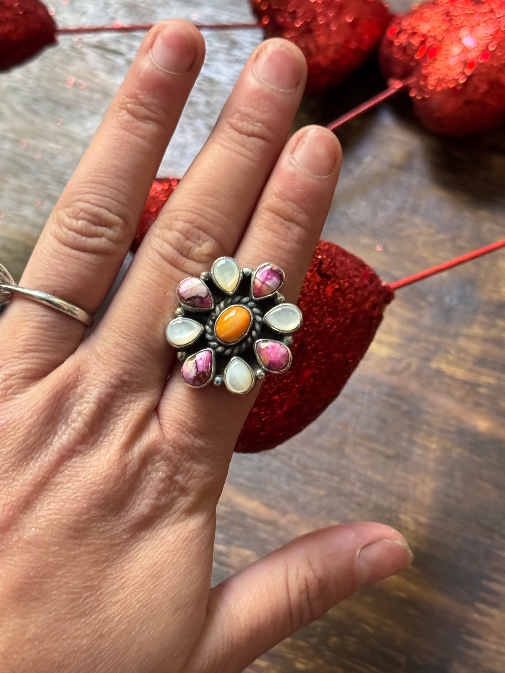 Southwest Handmade Multi Stone & Sterling Silver Adjustable Cluster Ring