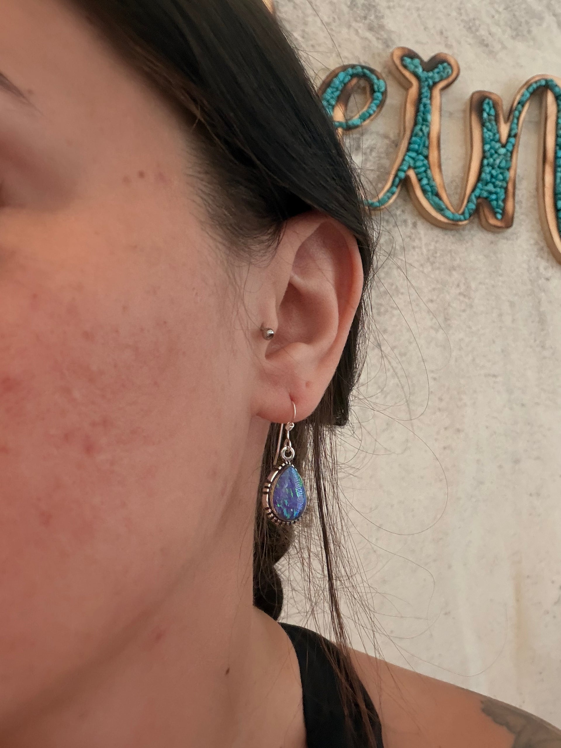 Navajo Made Opal (Man Made) & Sterling Silver Dangle Earrings