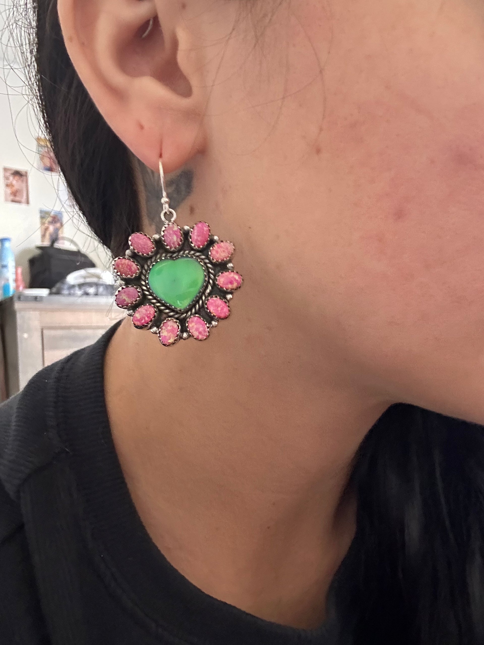 Southwest Handmade Opal & Sterling Silver Dangle Cluster Heart Earrings