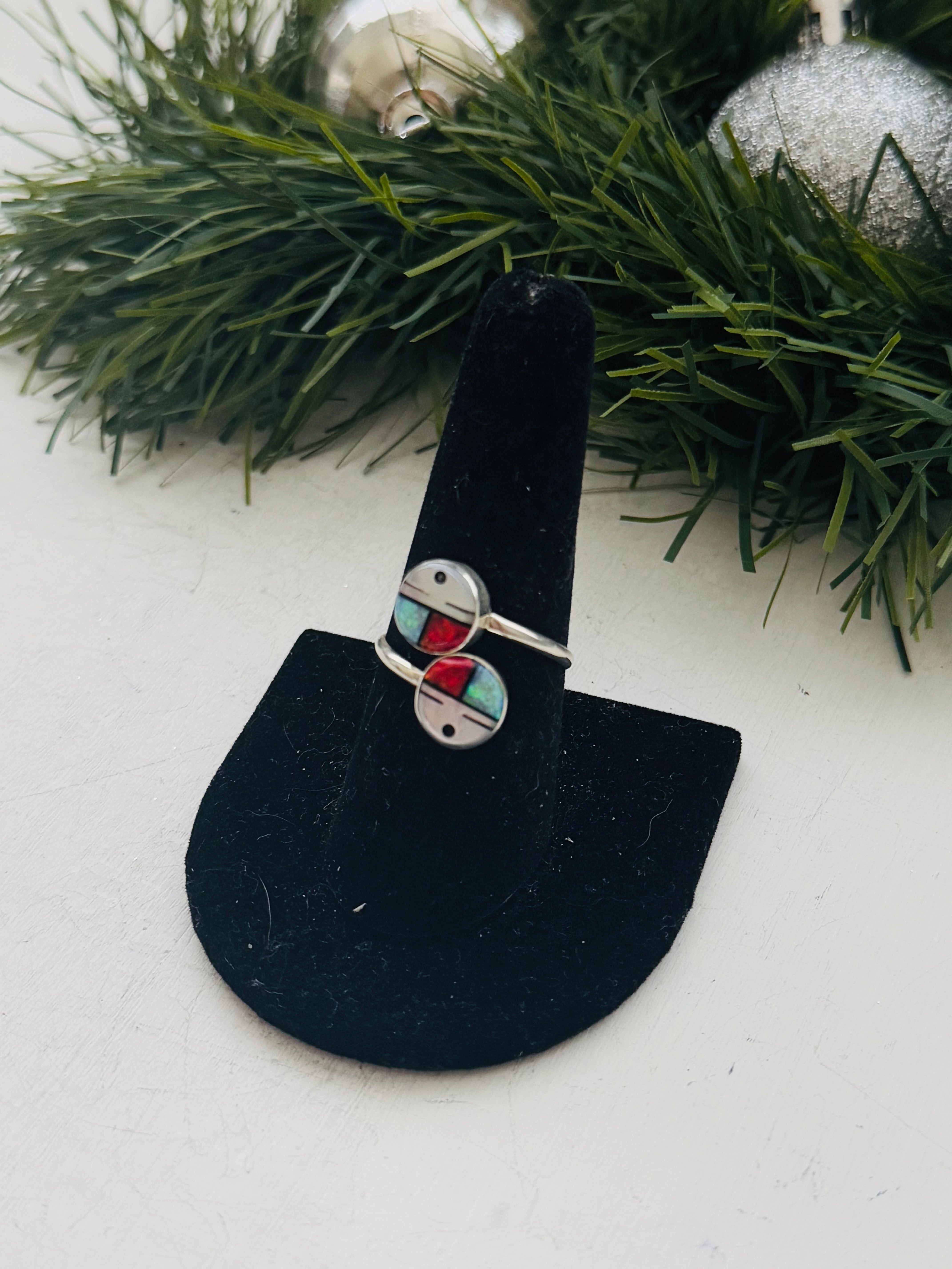 Zuni Made Multi Stone & Sterling Silver Inlay Sunface Adjustable Ring