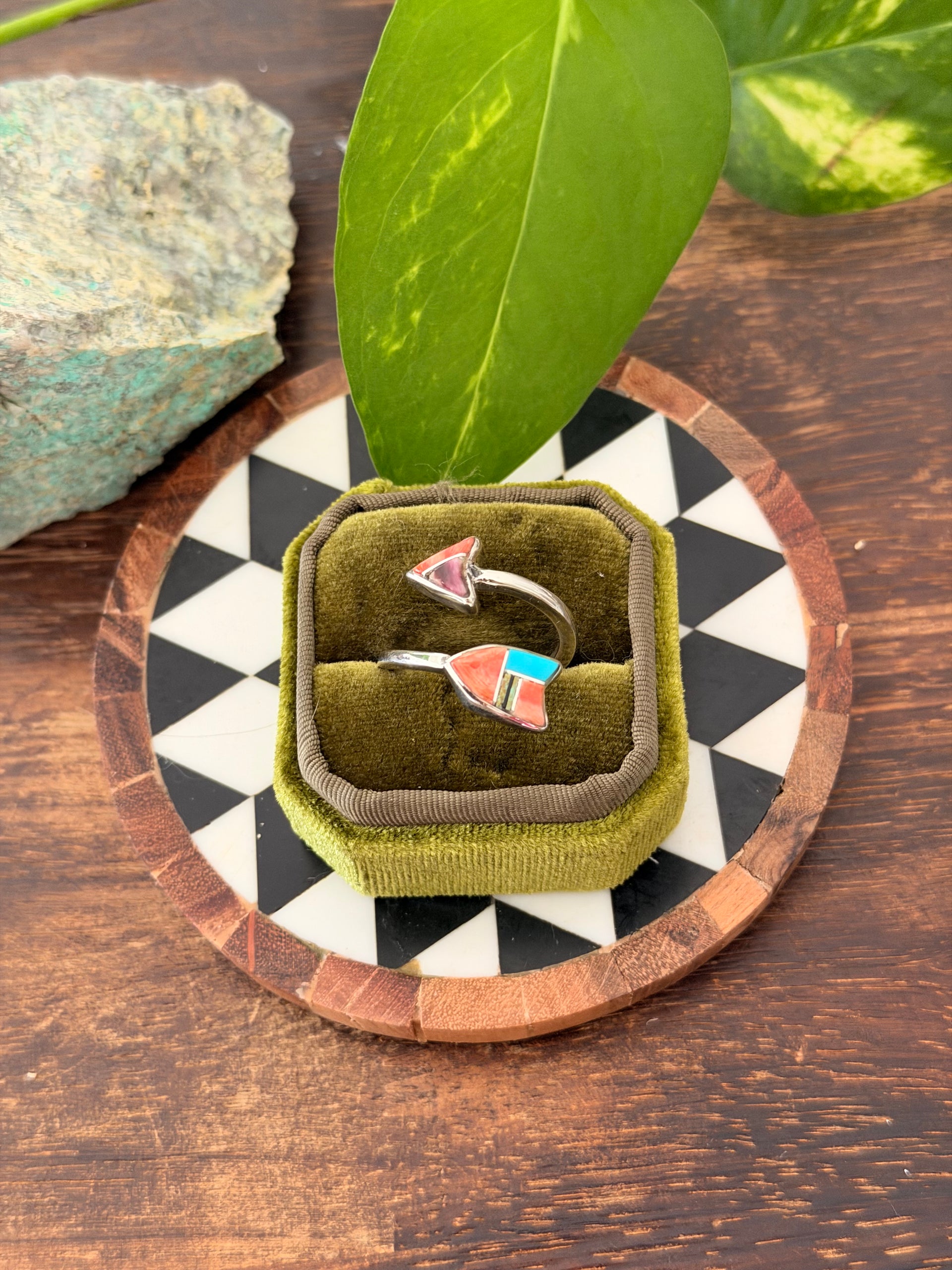 Navajo Made Multi Stone & Sterling Silver Inlay Arrow Adjustable Ring