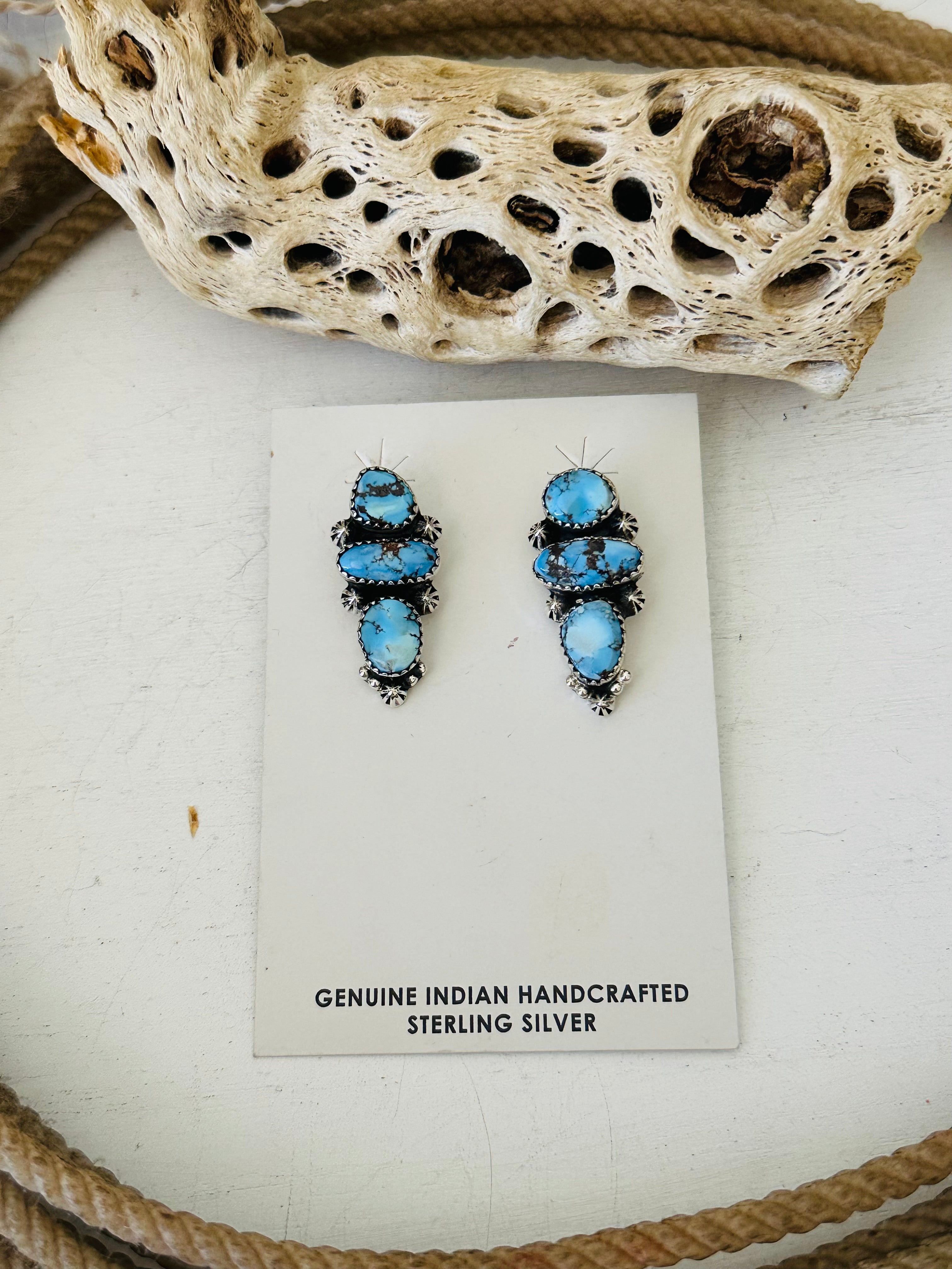 Southwest Handmade Golden Hills Turquoise & Sterling Silver Post Dangle Earrings