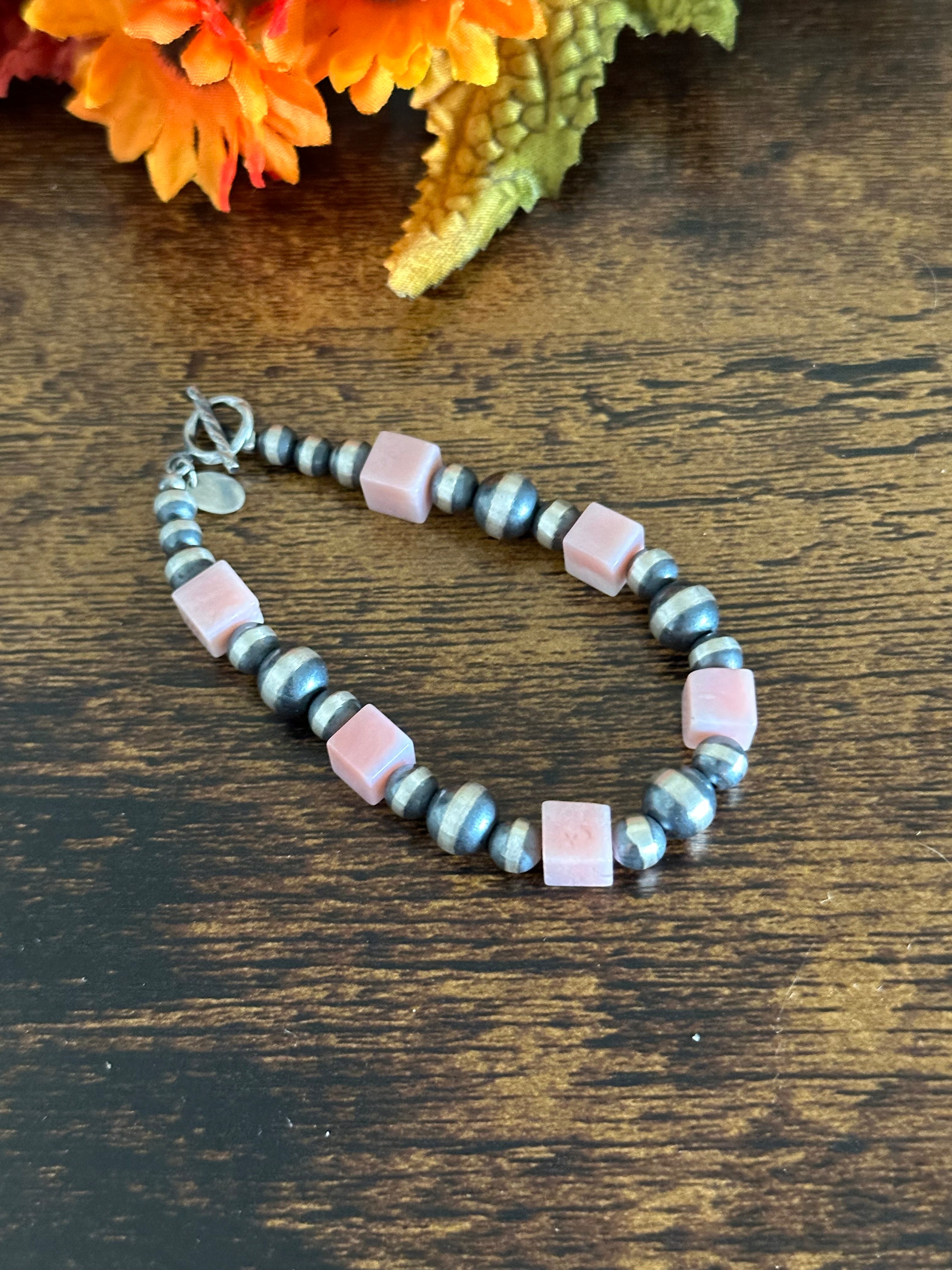 Navajo Strung Peruvian Pink Opal & Sterling Silver Pearl Beaded Bracelet