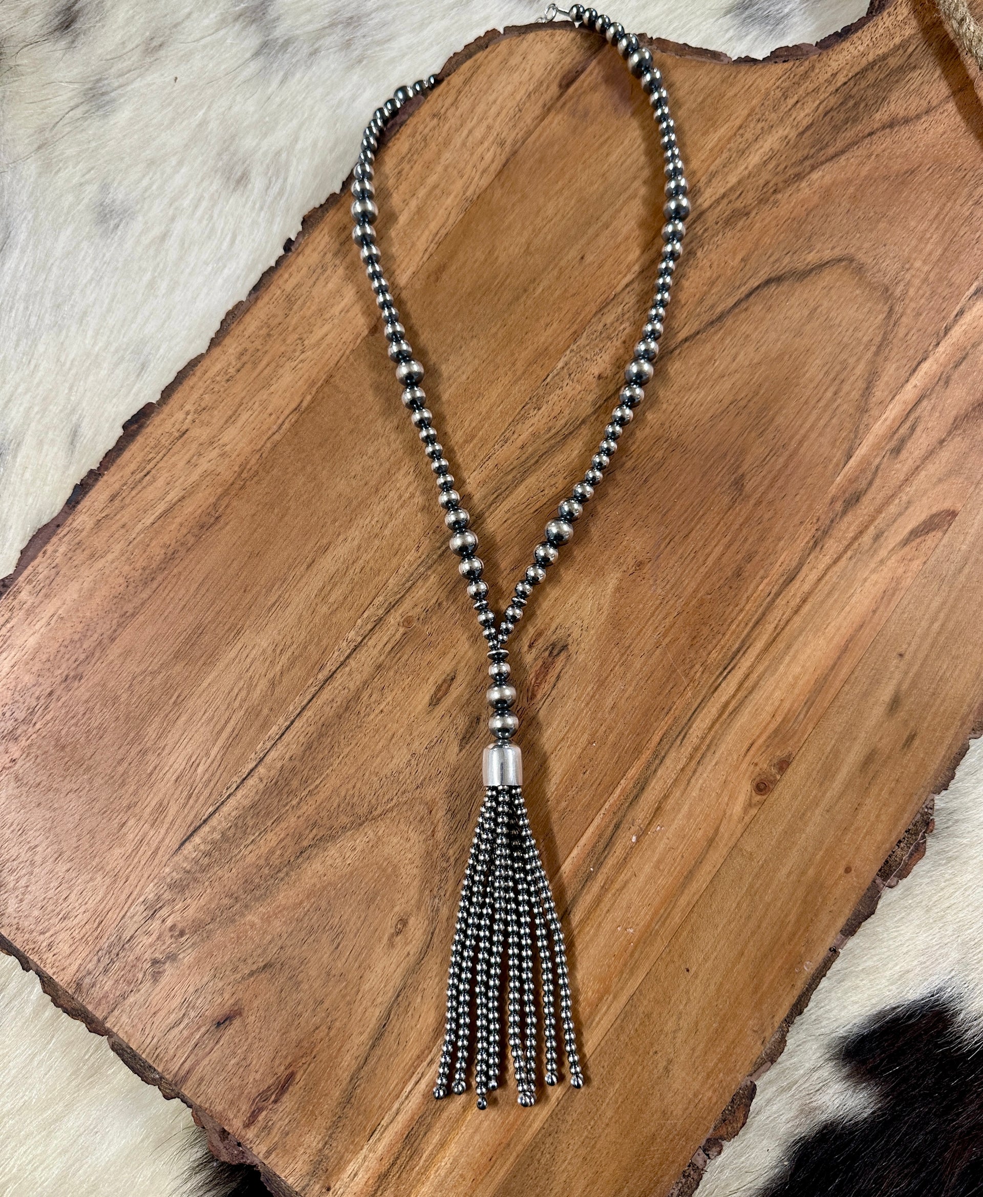 Navajo Strung Sterling Silver Beaded Pearls Tassel Necklace