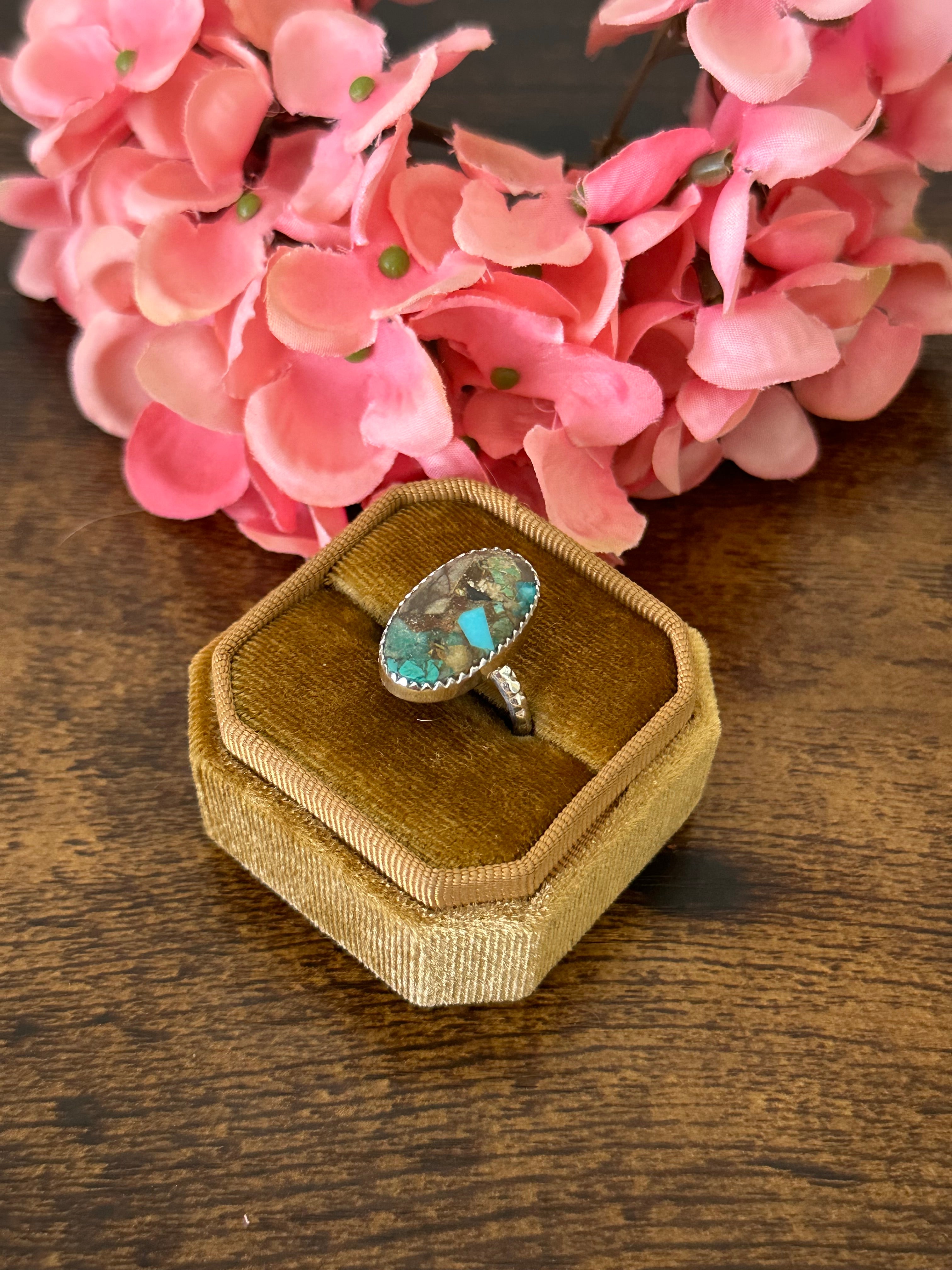 Southwest Handmade Mohave Turquoise & Sterling Silver Ring Size 6.75