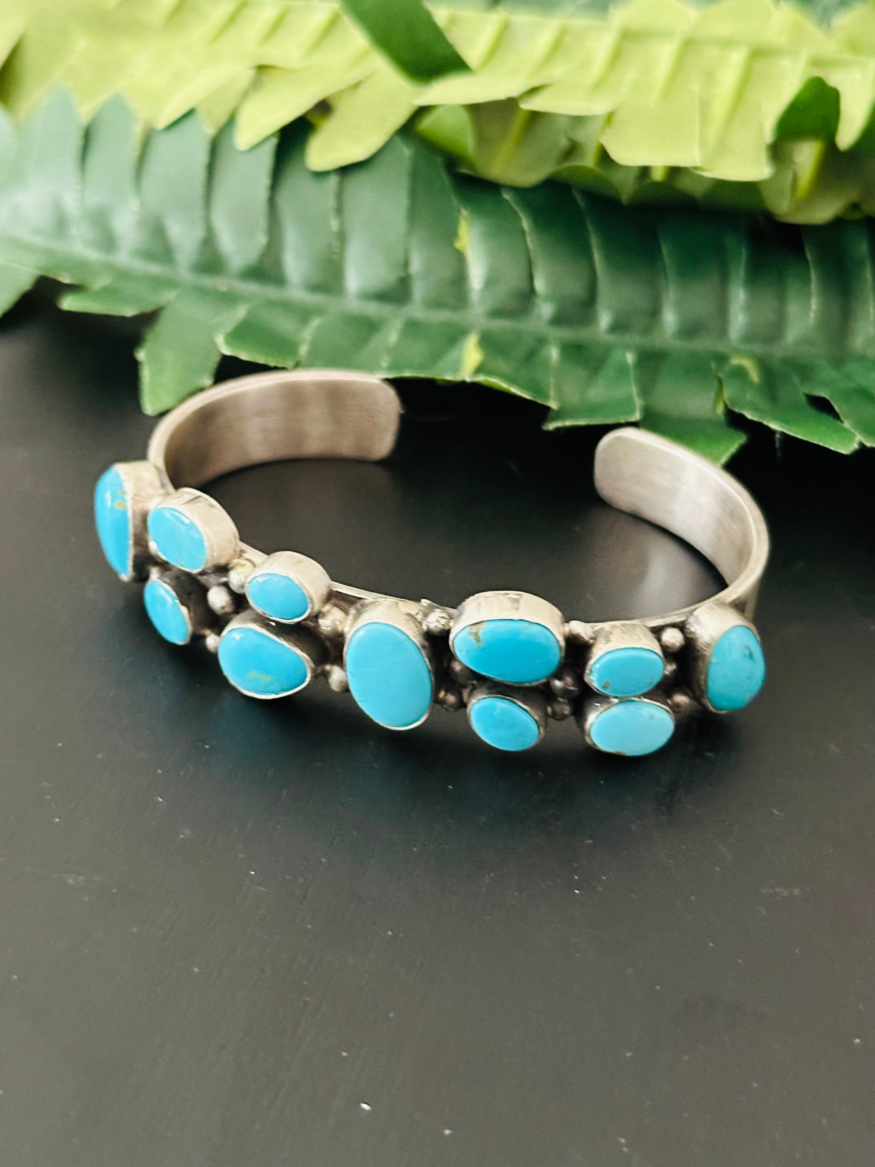 Bobby Johnson Kingman Turquoise & Sterling Silver Cluster Cuff Bracelet