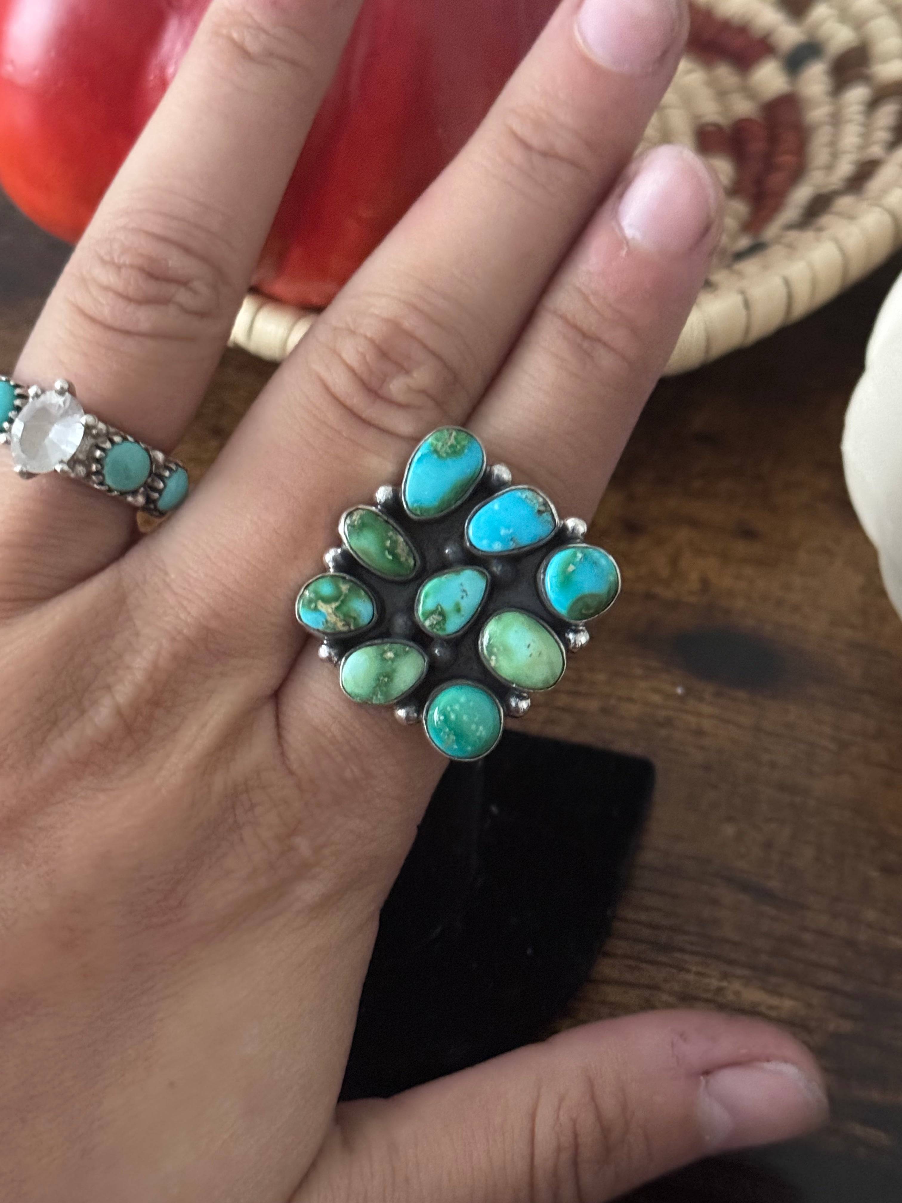 Southwest Handmade Sonoran Mountain Turquoise & Sterling Silver Adjustable Cluster Ring