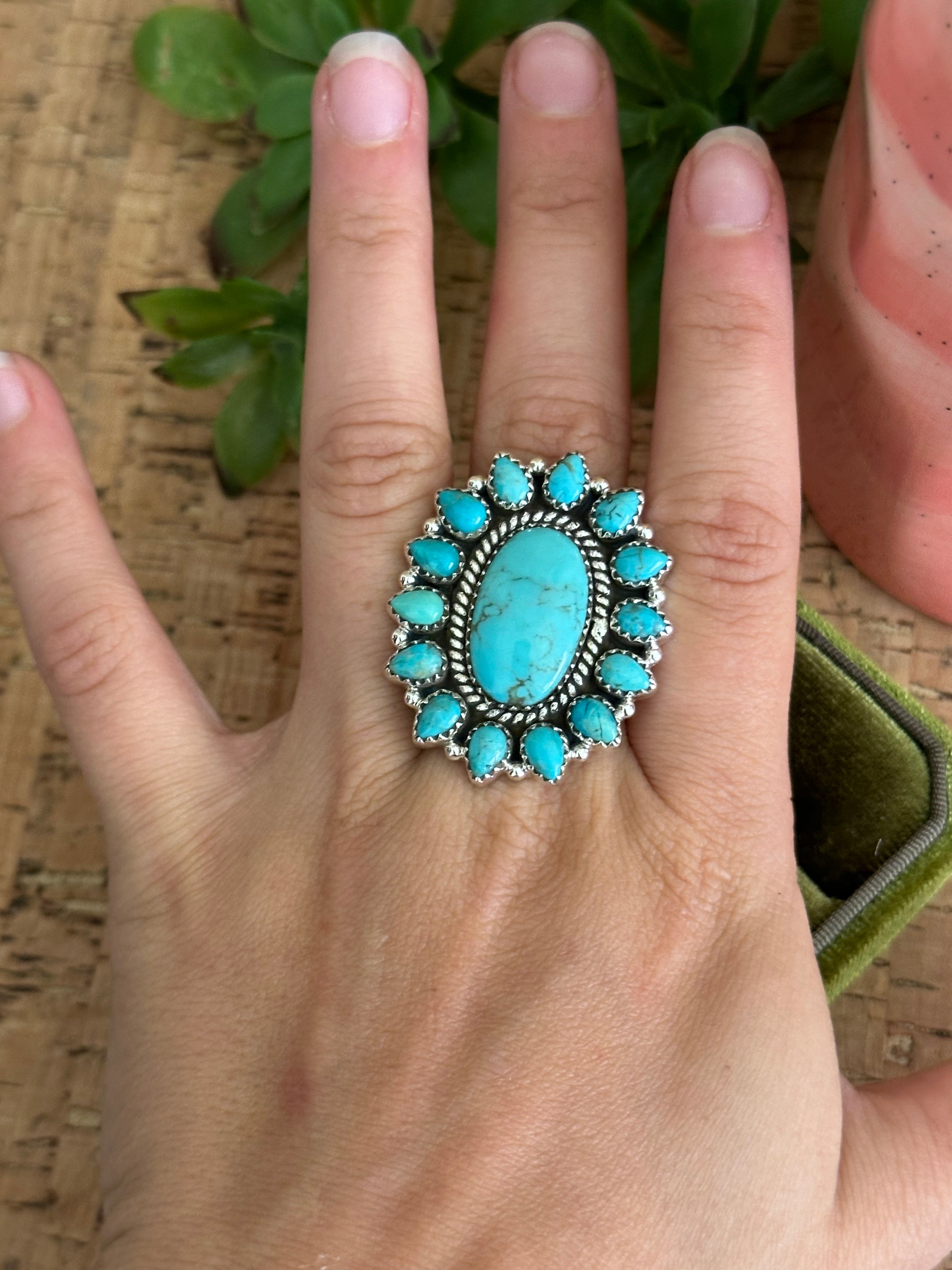 Southwest Handmade Kingman Turquoise & Sterling Silver Adjustable Cluster Ring