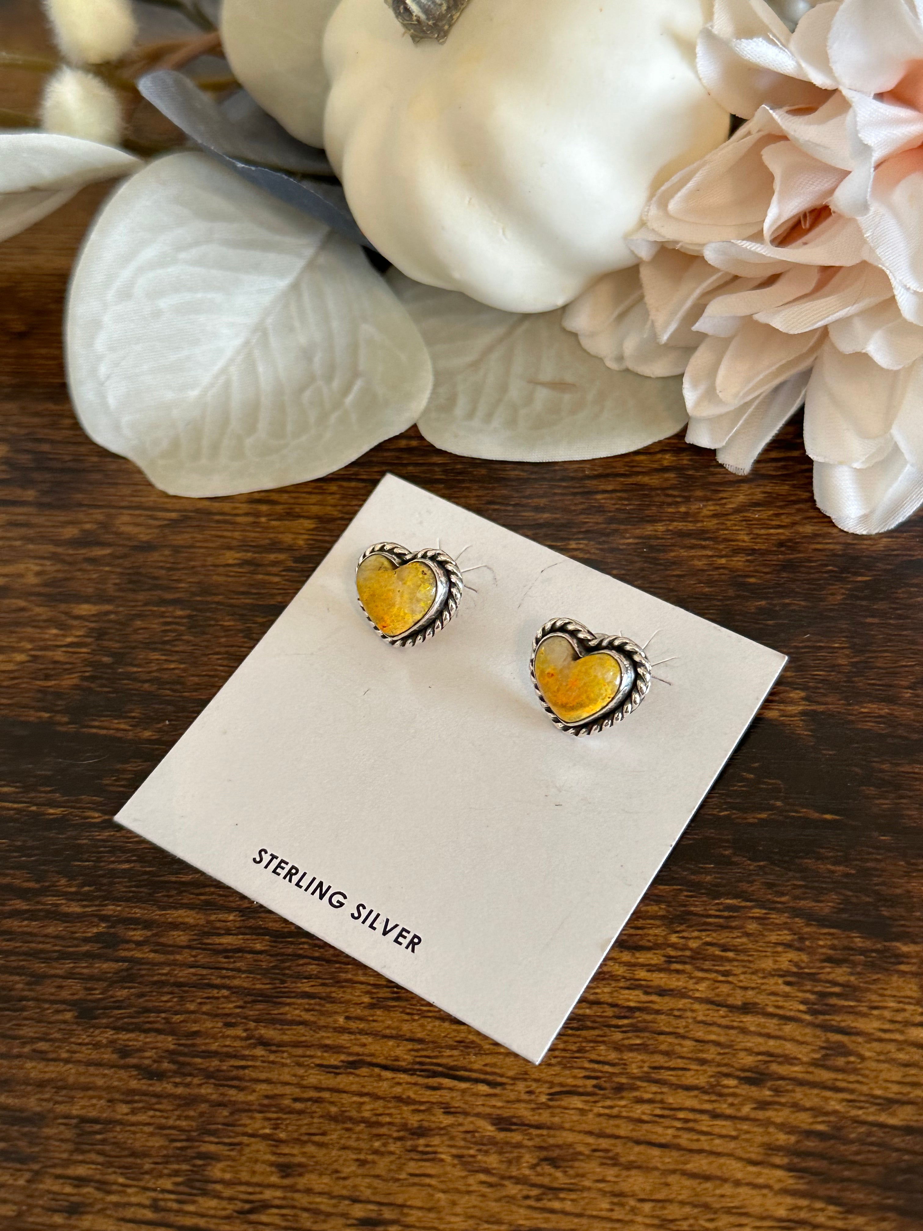 Southwest Handmade Bumblebee Jasper & Sterling Silver Post Heart Earrings