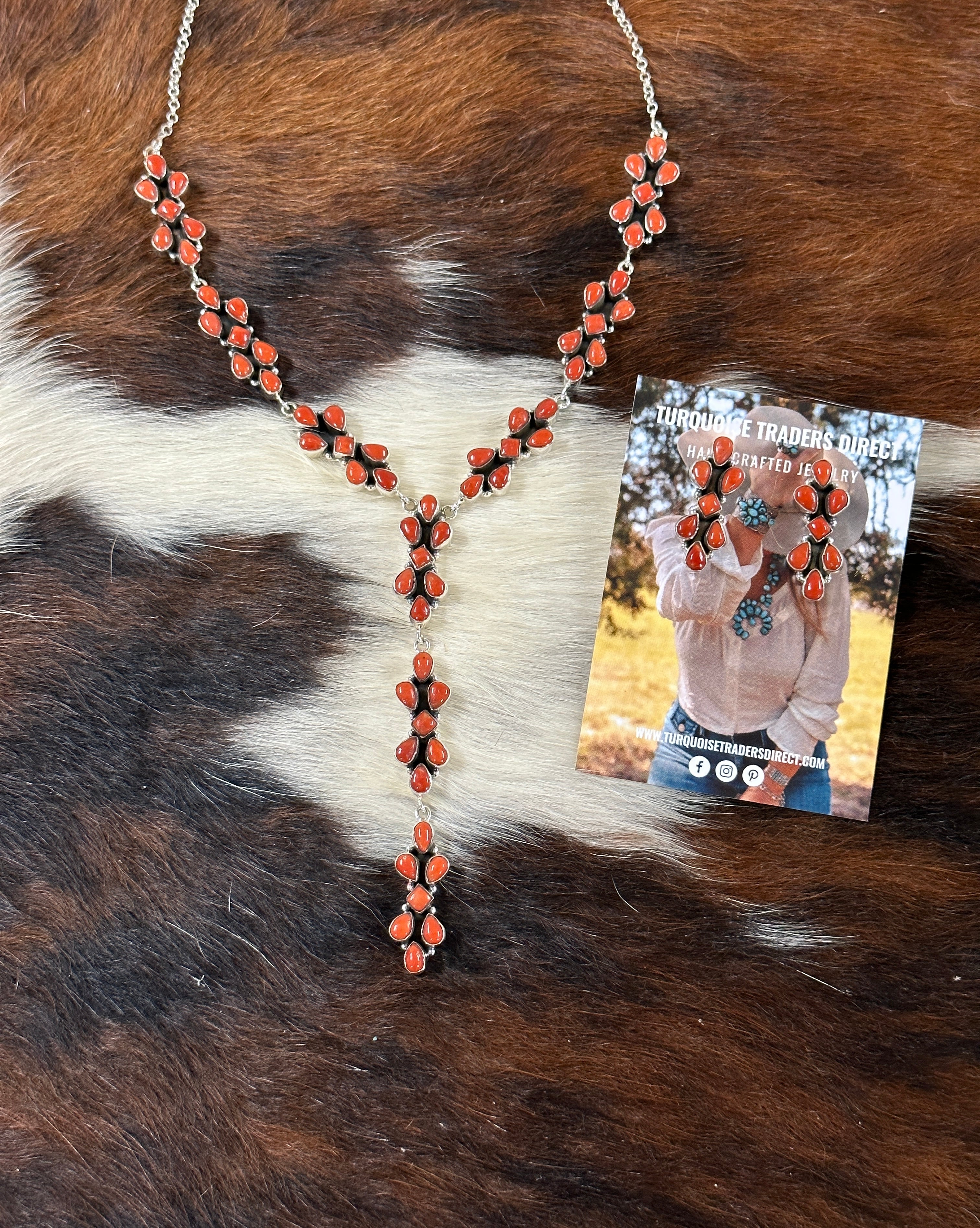 Southwest Handmade Natural Red Coral & Sterling Silver Necklace Set