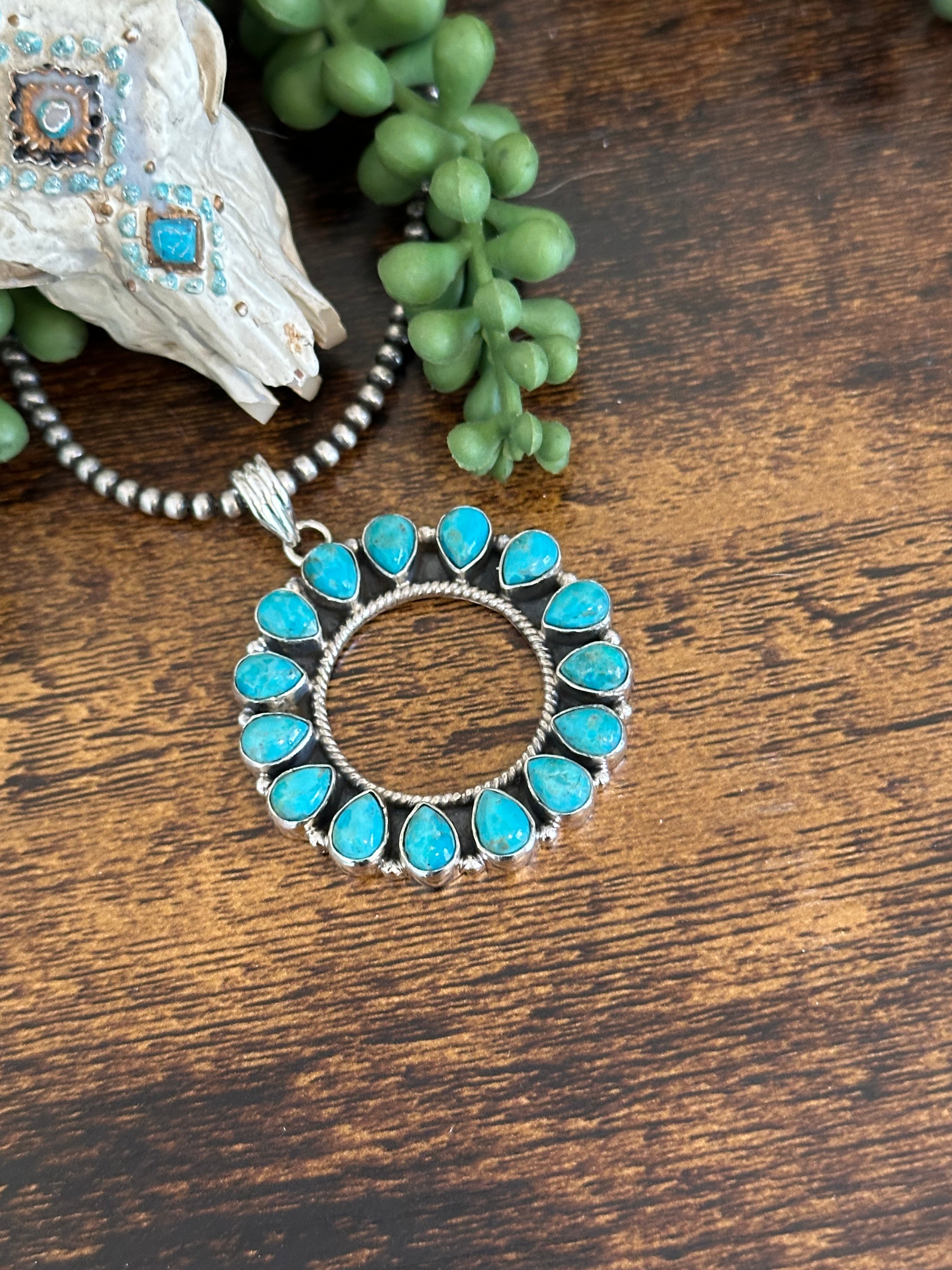 Southwest Handmade Kingman Turquoise & Sterling Silver Cluster Pendant