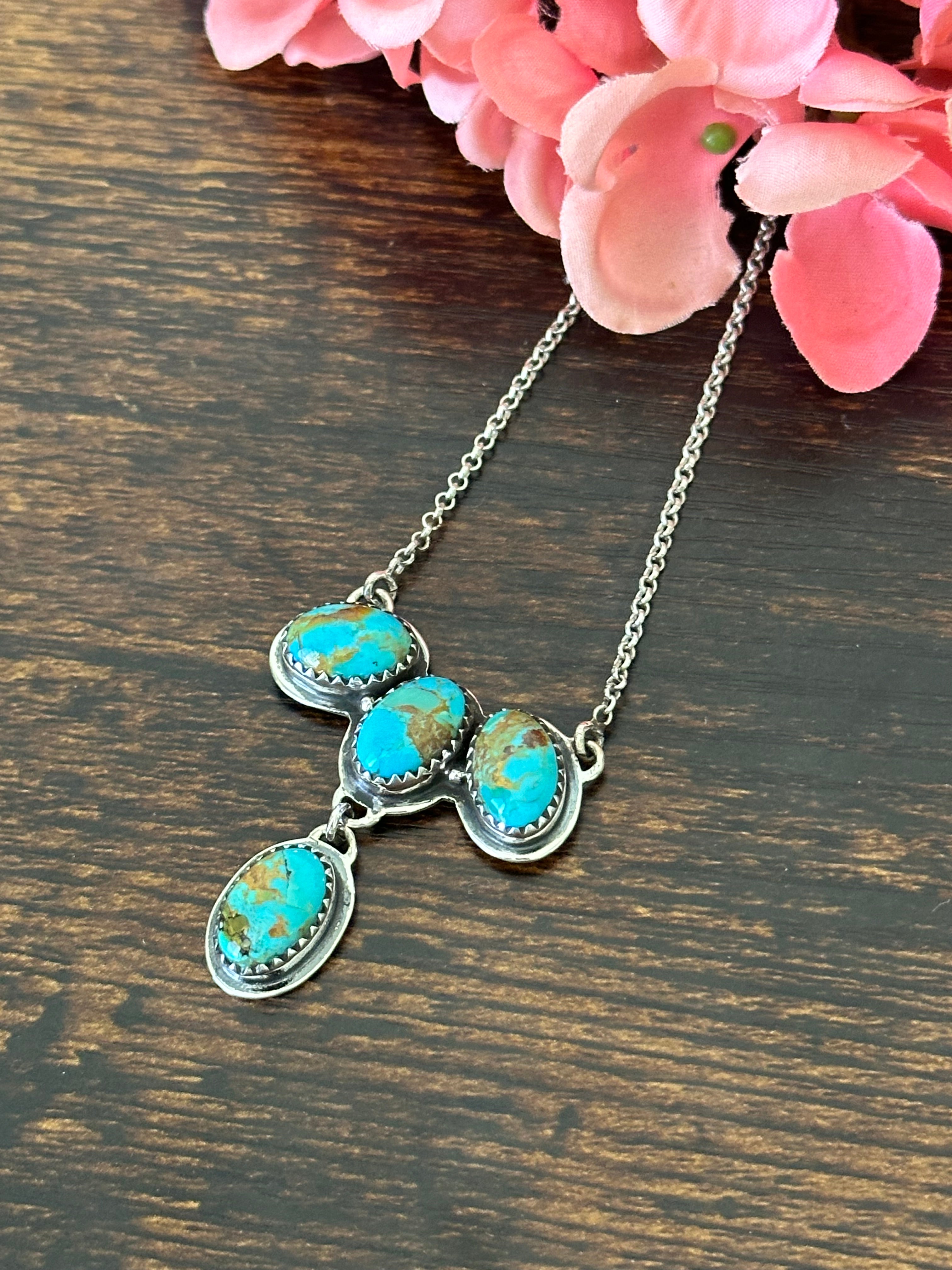 Southwest Handmade Kingman Turquoise & Sterling Silver Cluster Necklace