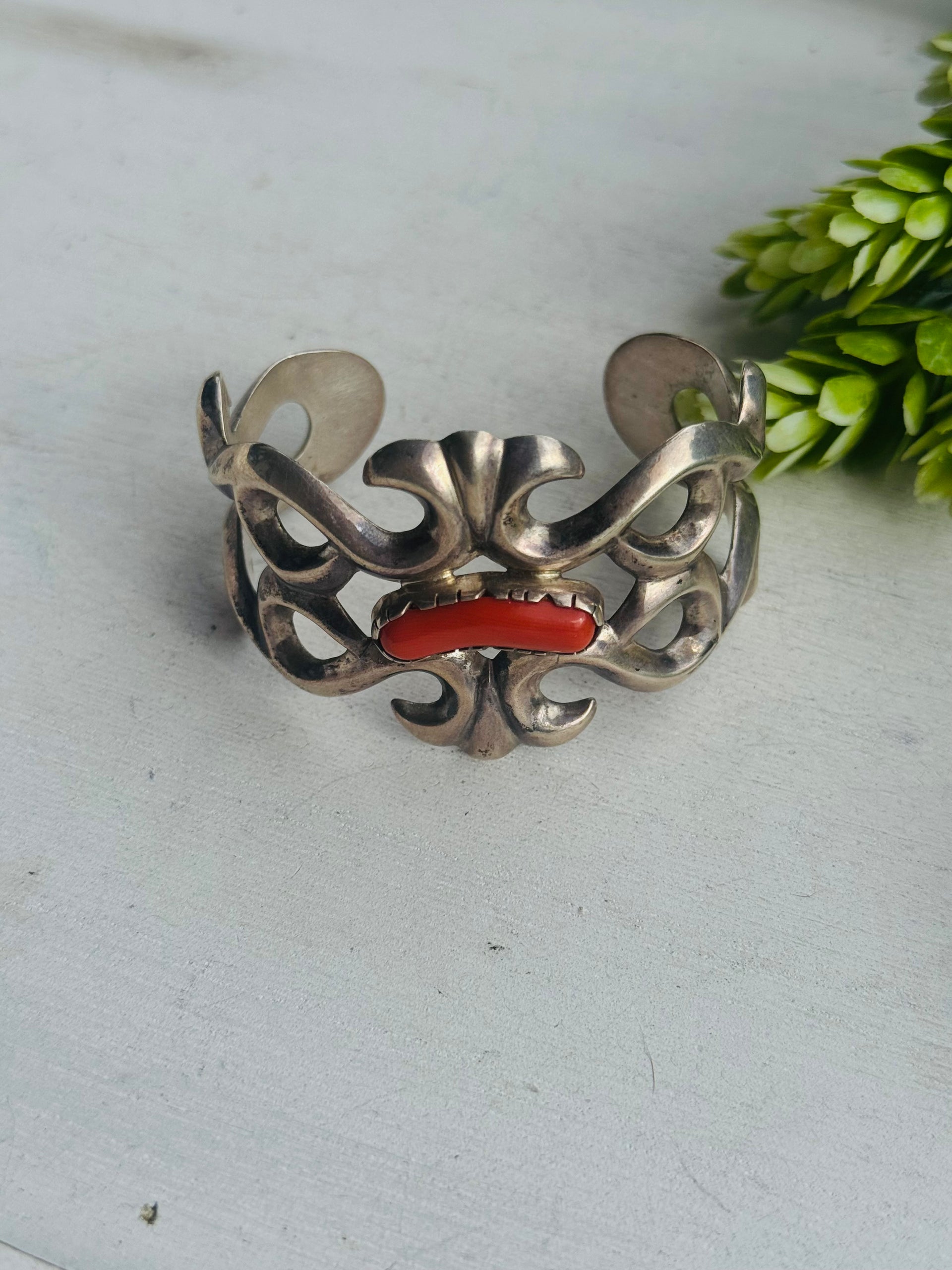 Vintage Navajo Made Mediterranean Coral & Sterling Silver Cuff Bracelet