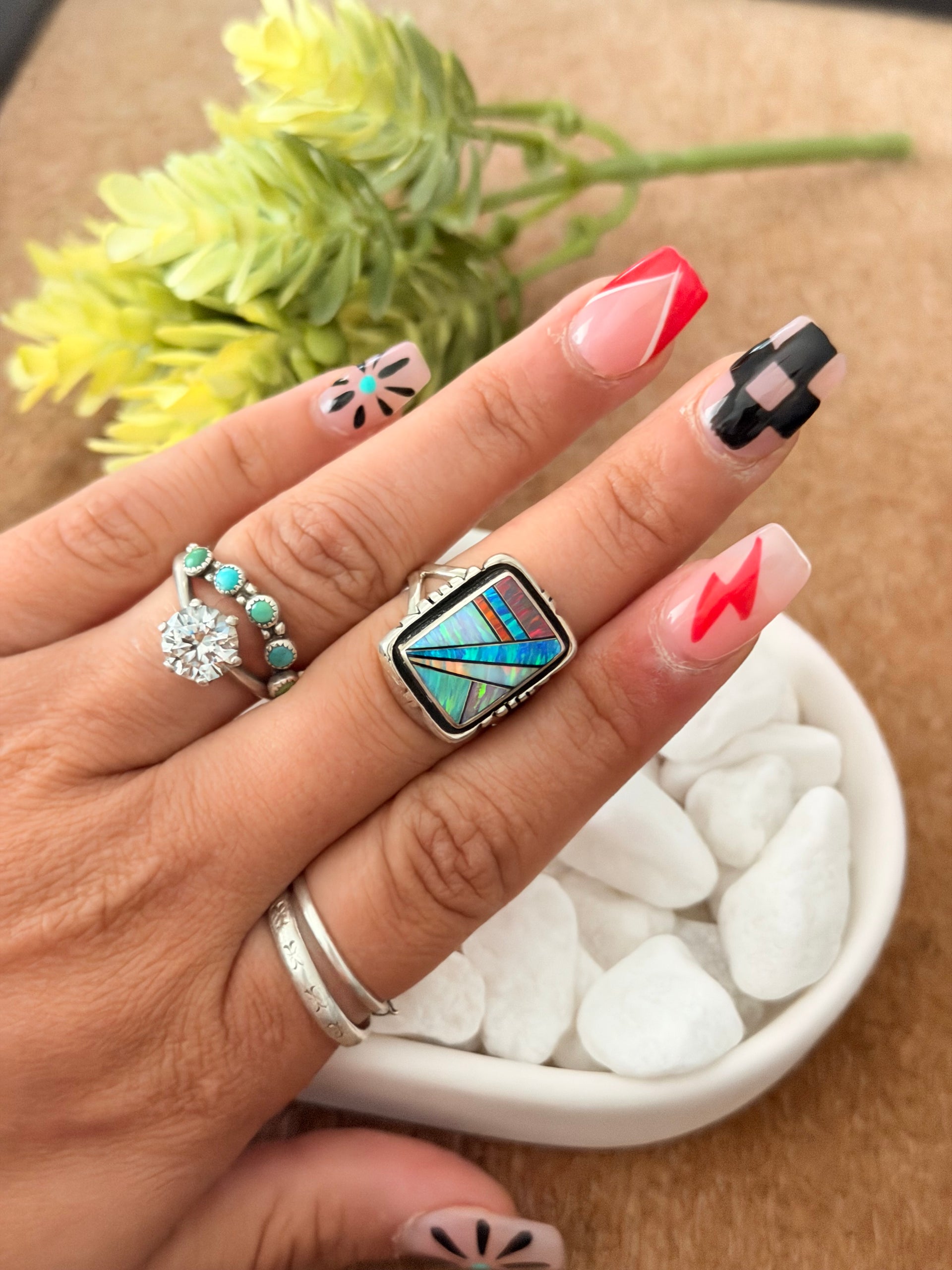 Navajo Made Opal & Sterling Silver Inlay Ring Size 6.5