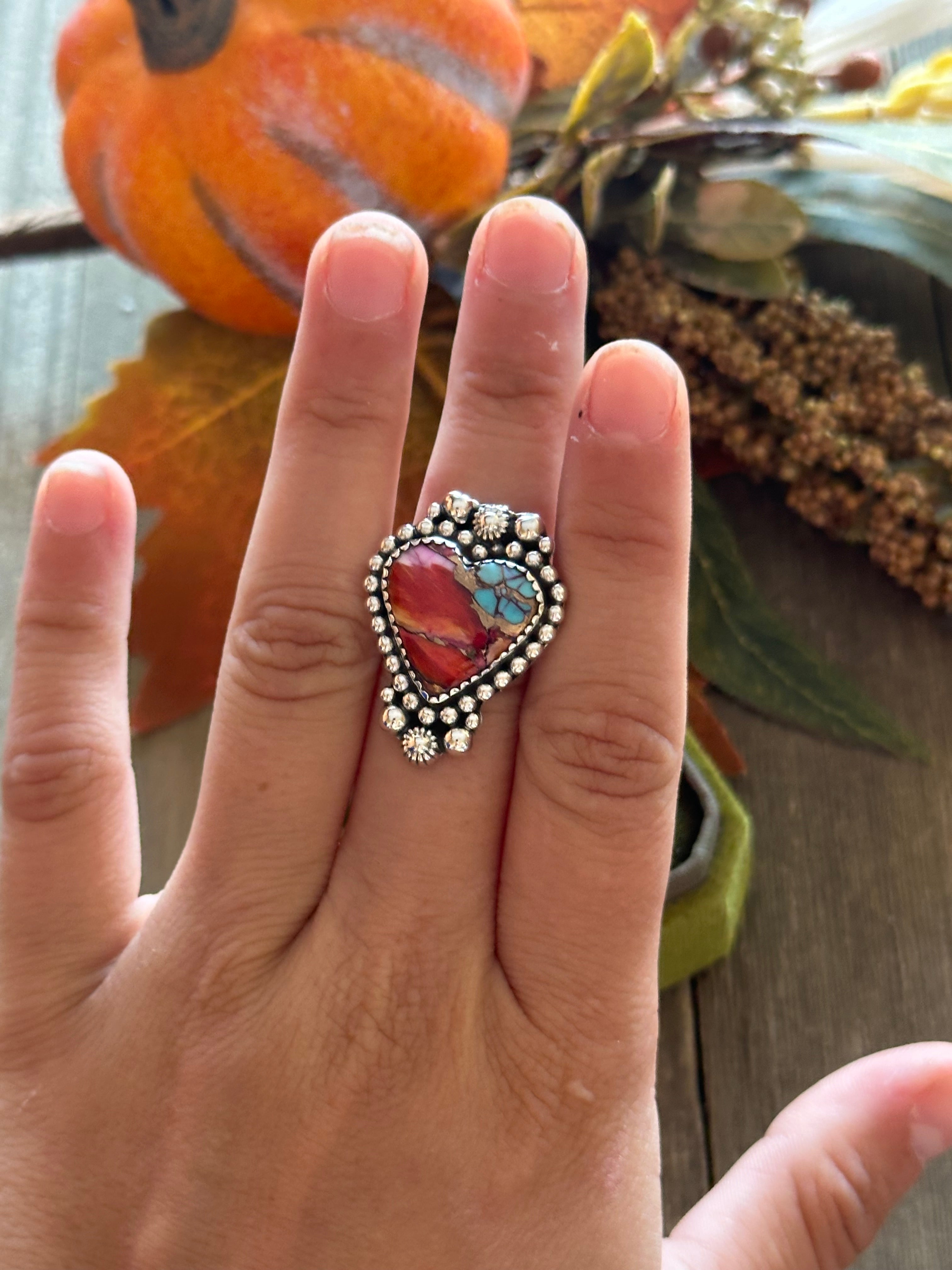 Southwest Handmade Mohave Turquoise & Sterling Silver Heart Ring Size 7.5