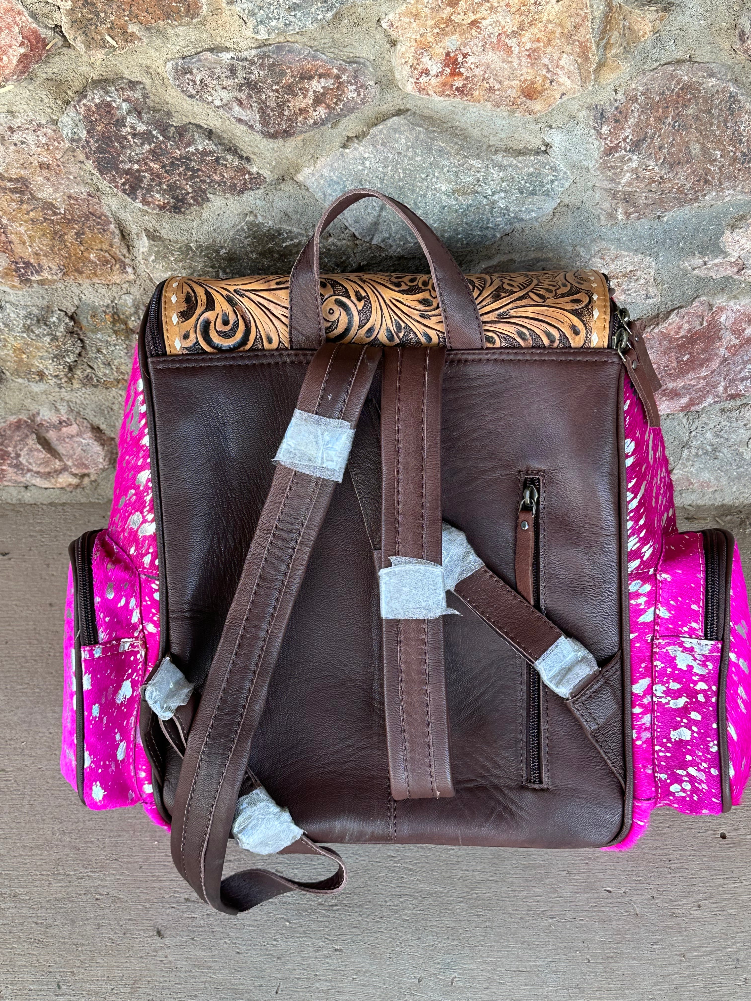 Genuine Tooled Leather Cowhide Back Pack/Diaper Bag