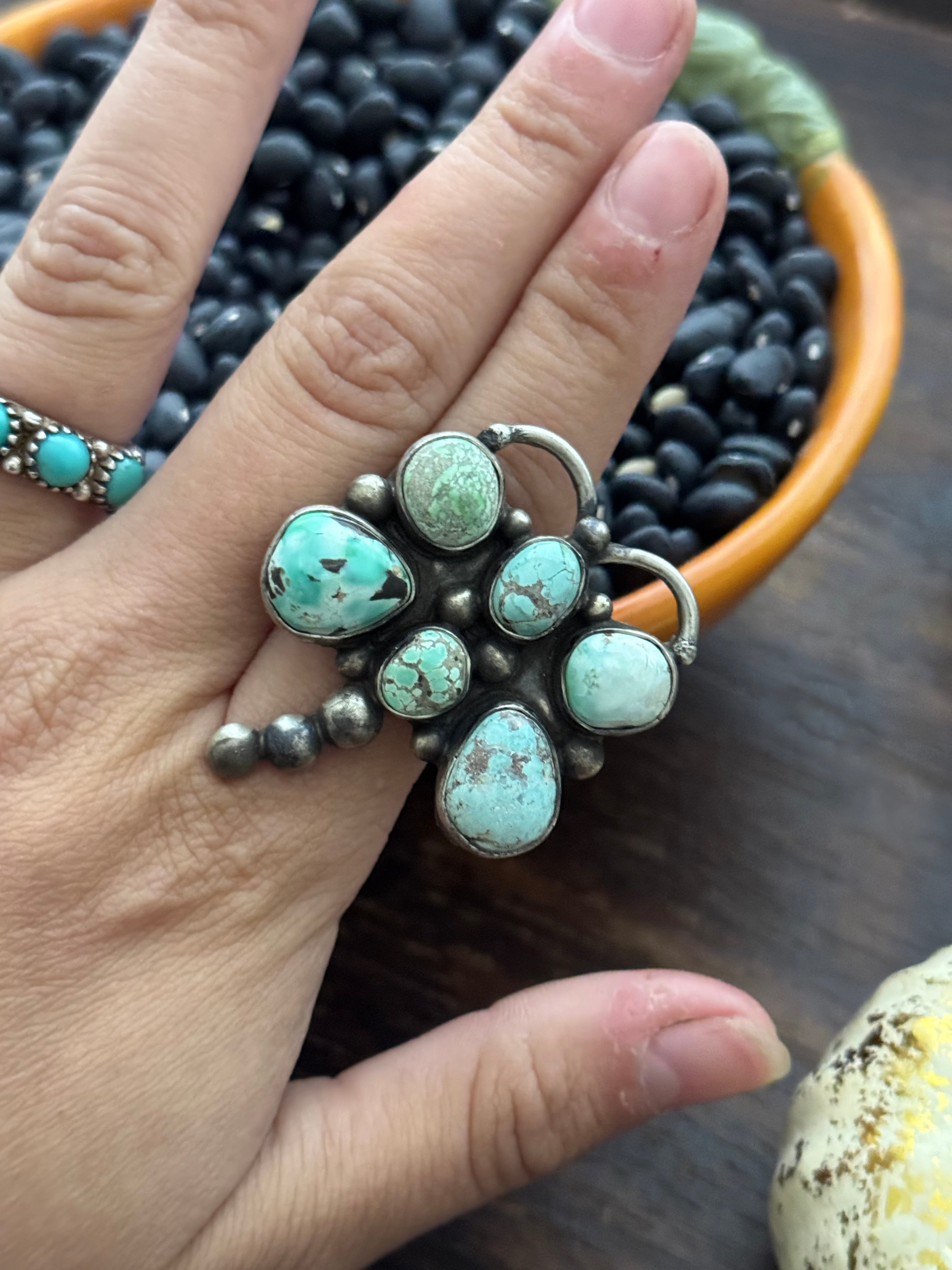 Kathleen Chavez Carico Lake Turquoise & Sterling Silver Adjustable Dragonfly Cluster Ring