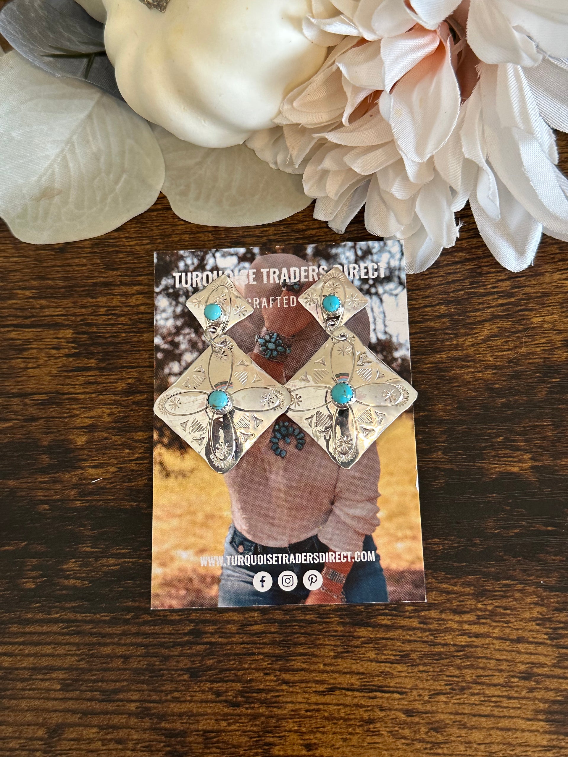 Navajo Made Kingman Turquoise & Sterling Silver Post Dangle Earrings