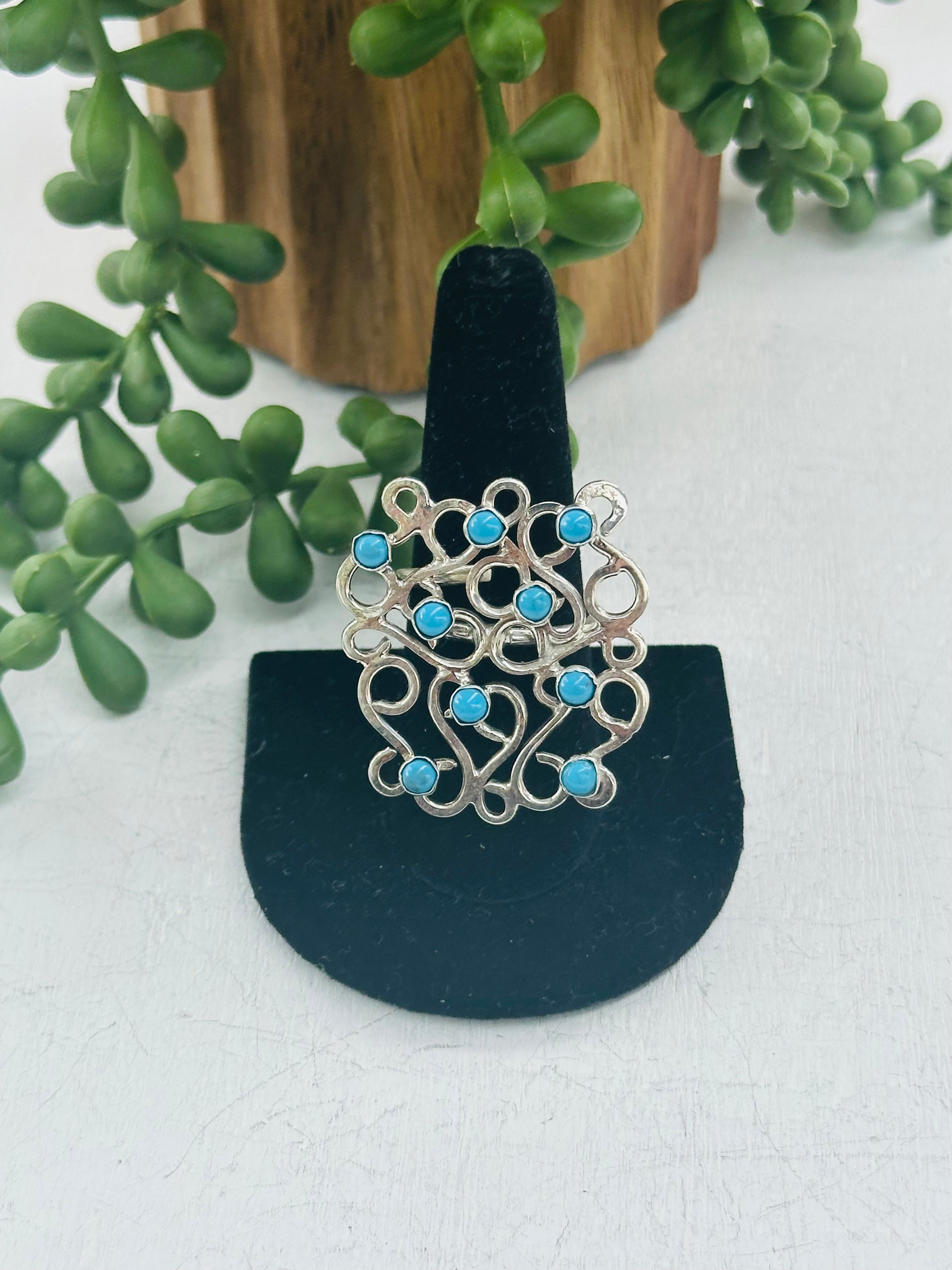 Navajo Made Kingman Turquoise & Sterling Silver Adjustable Ring