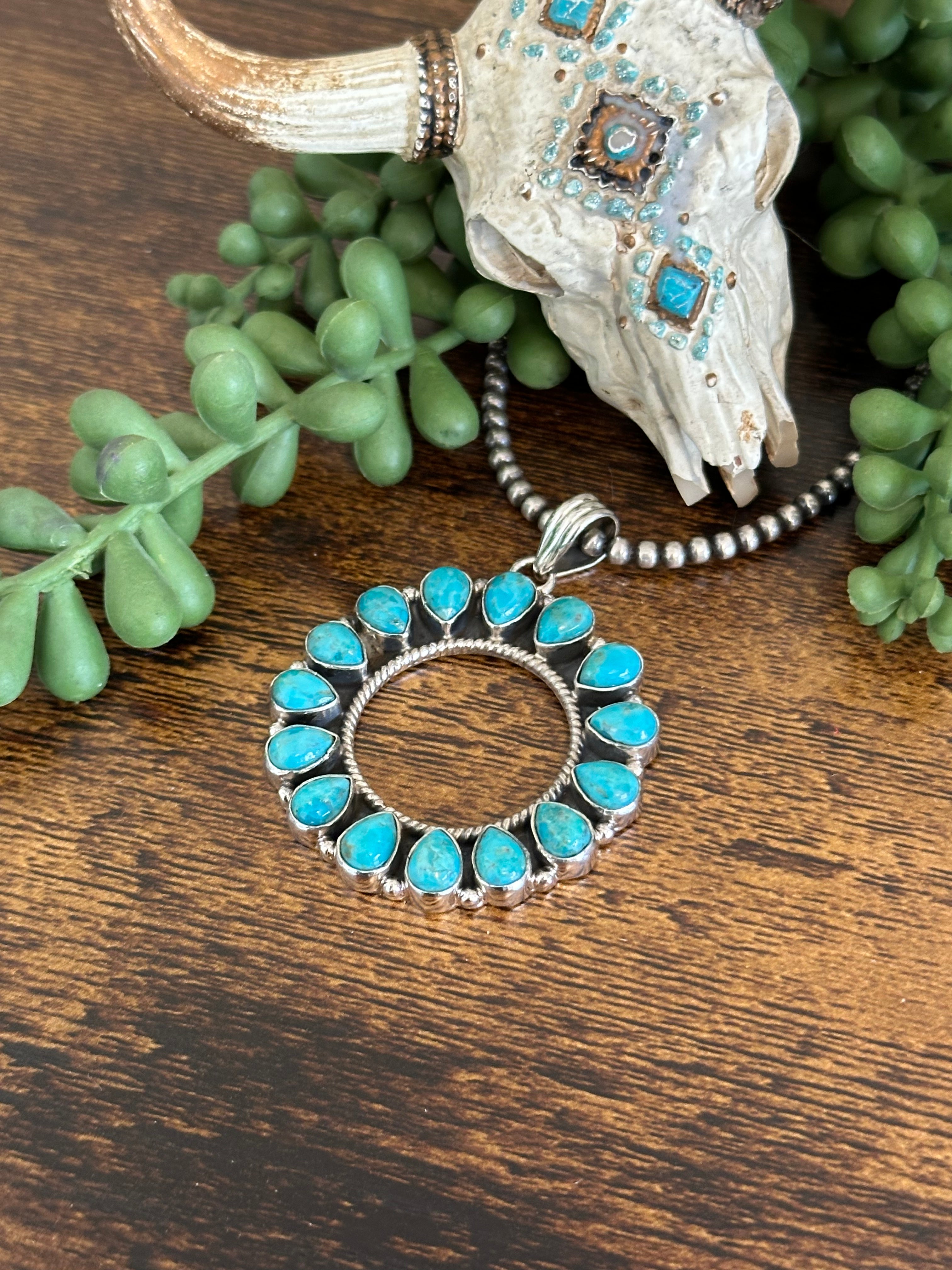 Southwest Handmade Kingman Turquoise & Sterling Silver Cluster Pendant