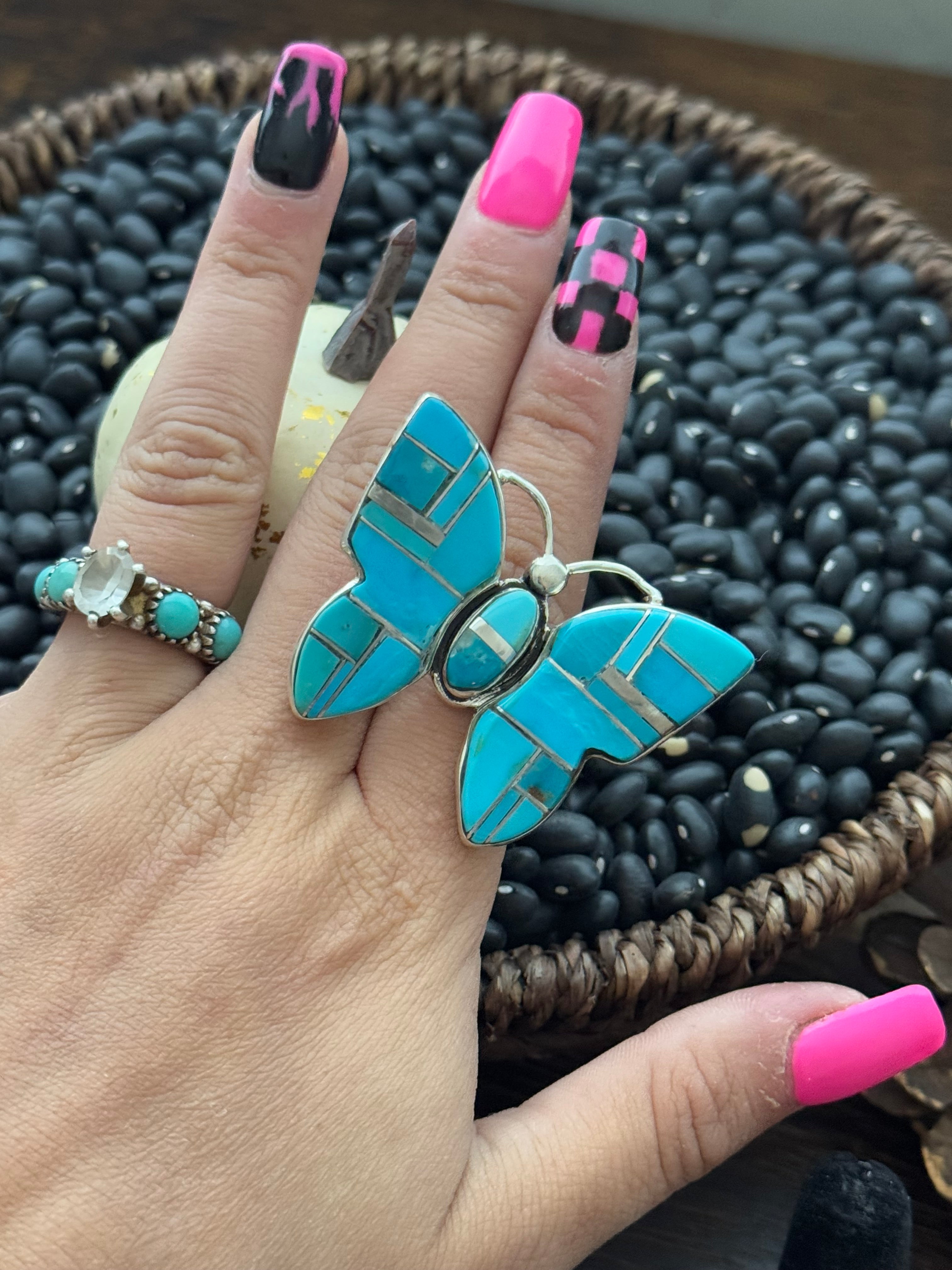 Navajo Made Kingman Turquoise & Sterling Silver Inlay Adjustable Butterfly Ring