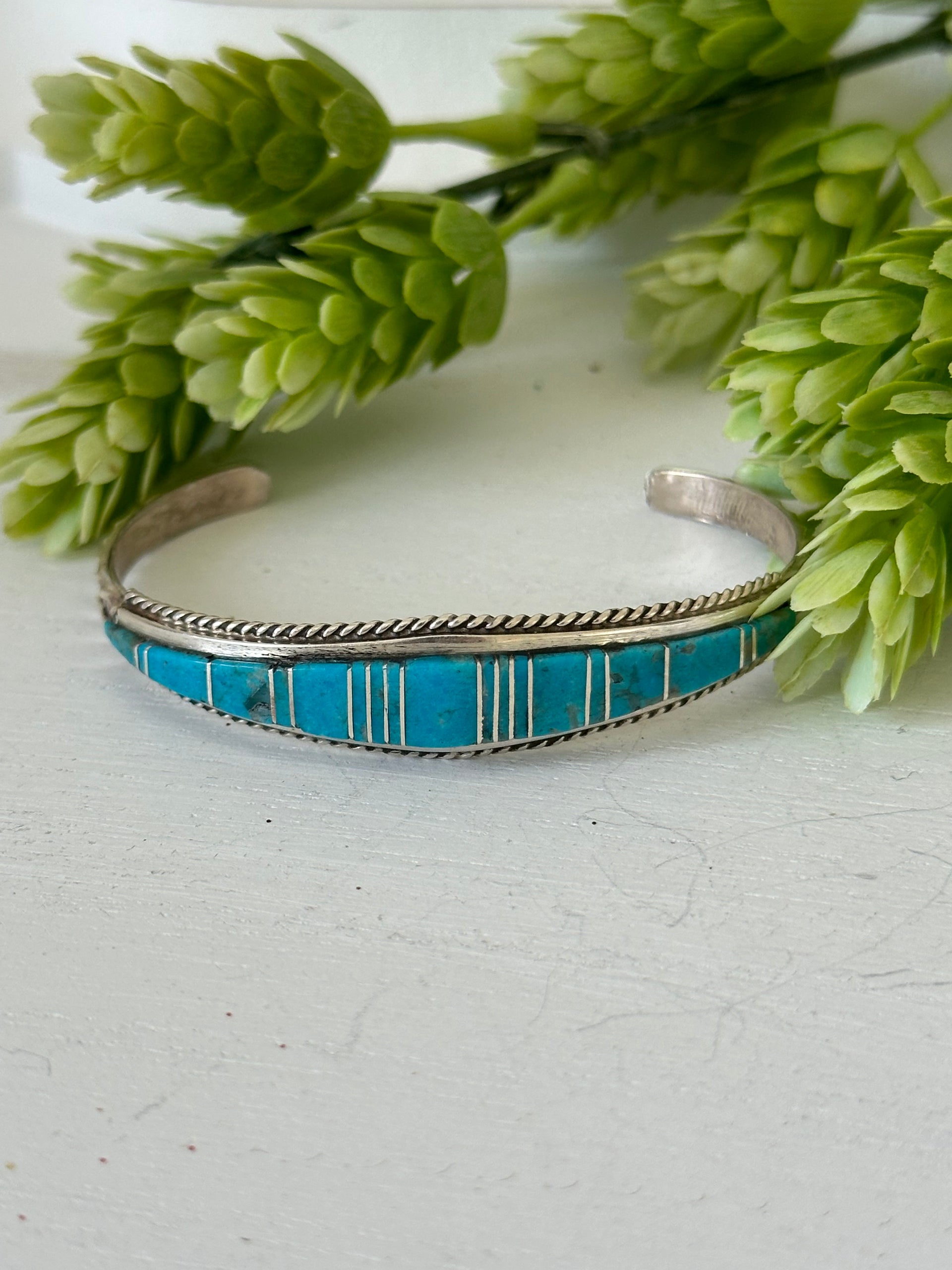 Navajo Made Kingman Turquoise & Sterling Silver Inlay Cuff Bracelet